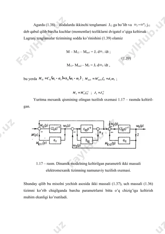 htirilgan tavsifi quyidagi ko‘rinishga ega bo‘ladi: ish nuqtasi atrofidagi chiziqlashtirilgan harakat tenglamasi (1.15) yoki (1.16) bu yerda: dm(t) — tashqi ta’sir. ushbu (1.16) tenglamaga asosan yuritma mexanik qismining tuzilish sxemasi matematik modelini 1.7- rasm, b dagi ko‘rinishda keltirish mumkin. bunday yopiq chiziqlashtirilgan tuzilmaning uzatish funksiyasi 1.7- rasm. elektr yuritmaning statik ustuvorligini aniqlash: a — statik yuklama va dvigatel tavsiflarini chiziqlashtirish; b — yuritmaning chiziqlashtirilgan modeli tuzilish sxemasi; d — yuklamani kichik tezliklarda noustivor va e — ustuvor ishlash variantlari. . (1.17) qattiqlik koeffitsiyentlarining quyidagi holatida 1/bq >1/b¶ yoki dmq/dw > dm¶/dw (1.18) xarakteristik tenglama ildizi: bo‘ladi. tengsizlik (1.18) buzilganda elektr yuritma mexa​nik qismining matematik modeli noustuvor zveno bo‘lib qoladi, natijada o‘rnatilgan rejim ustivor bo‘lmaydi. bu holat 1.7- rasm b da tasvirlangan bo‘lib, bu yerda: a nuqta yuritmaning ustuvor ishlash holatiga to‘g‘ri keladi. 1.7- rasm e da esa ushbu tasvirlarning bunday joylashishi b nuqtada yuritmaning ustuvor ish holatida, a nuqtada esa …