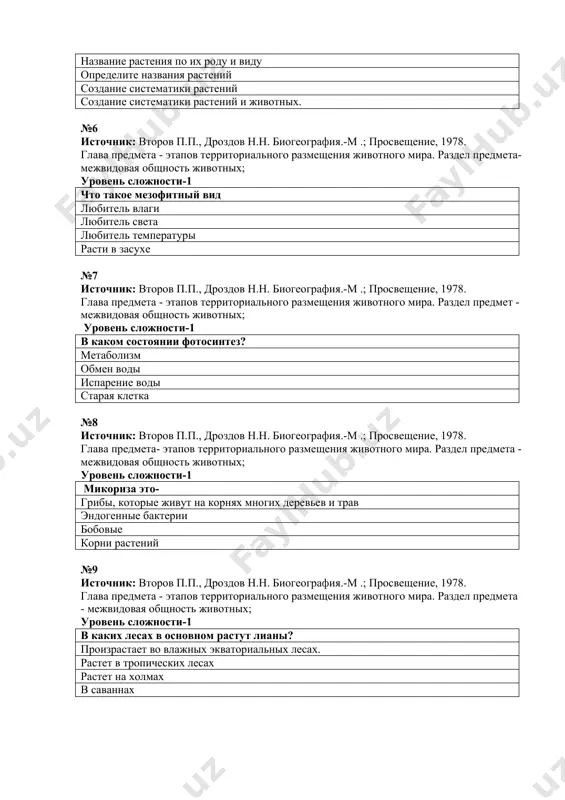 мет - межвидовая общность животных; уровень сложности-1 в каком состоянии фотосинтез? метаболизм обмен воды испарение воды старая клетка №8 источник: второв п.п., дроздов н.н. биогеография.-м .; просвещение, 1978. глава предмета- этапов территориального размещения животного мира. раздел предмета - межвидовая общность животных; уровень сложности-1 микориза это- грибы, которые живут на корнях многих деревьев и трав эндогенные бактерии бобовые корни растений №9 источник: второв п.п., дроздов н.н. биогеография.-м .; просвещение, 1978. глава предмета - этапов территориального размещения животного мира. раздел предмета - межвидовая общность животных; уровень сложности-1 в каких лесах в основном растут лианы? произрастает во влажных экваториальных лесах. растет в тропических лесах растет на холмах в саваннах №10 источник: второв п.п., дроздов н.н. биогеография.-м .; просвещение, 1978. глава предмета - этапов территориального размещения животного мира. раздел предмета - межвидовая общность животных; уровень сложности-1 каковы наиболее важные функции в жизни растений? фотосинтез и транспирация впитывание воды транспортировка воды накопление №11 источник: второв …