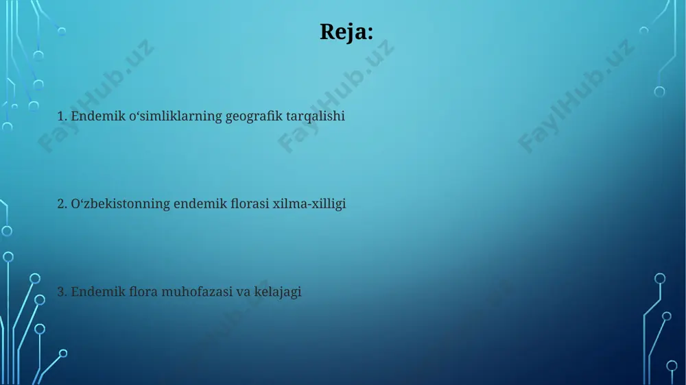 gʻissar tizmasida endemik oʻsimliklarning ekologik moslashuvi sovuqqa chidamlilik va qurgʻoqchilikka bardoshlilik bilan ifodalanadi. namangan viloyatining janubiy qismidagi adir va togʻ etaklarida joylashgan endemik turdagi oʻsimliklarning 70% gacha tuproqning minerallashgan tuzilishiga moslashgan. oʻzbekistonning endemik oʻsimliklari fergana vodiysining endemiklari orasida, 20 dan ortiq turdagi tulki dumli oʻsimliklar, shuningdek, noyob daraxt turlari, masalan, tojikiston archa turlari mavjud. oʻzbekistonning 1500 ga yaqin endemik oʻsimlik turi mavjud boʻlib, ularning aksariyati mamlakatning togʻli hududlarida, xususan, gʻissar tizmasida va pamir-oloyda uchraydi. iqtisodiy ahamiyati oʻzbekistonning 200 dan ortiq endemik oʻsimlik turi, jumladan, dorivor oʻsimliklar, xalq tabobati va farmatsevtika sanoatida keng qoʻllaniladi, bu esa milliy iqtisodiyotga sezilarli hissa qoʻshadi. qoraqalpogʻiston respublikasining choʻl hududlarida oʻsadigan baʼzi endemik oʻsimliklar tuproqni eroziyadan himoya qilishda muhim ahamiyatga ega boʻlib, 5000 gektardan ortiq yer maydonini tabiiy ofatlardan saqlaydi. e'tiboringiz uchun rahmat @taqdimot_robot image3.jpg image4.jpg image5.jpg image6.jpg image7.jpg image8.jpg image9.jpg image2.png