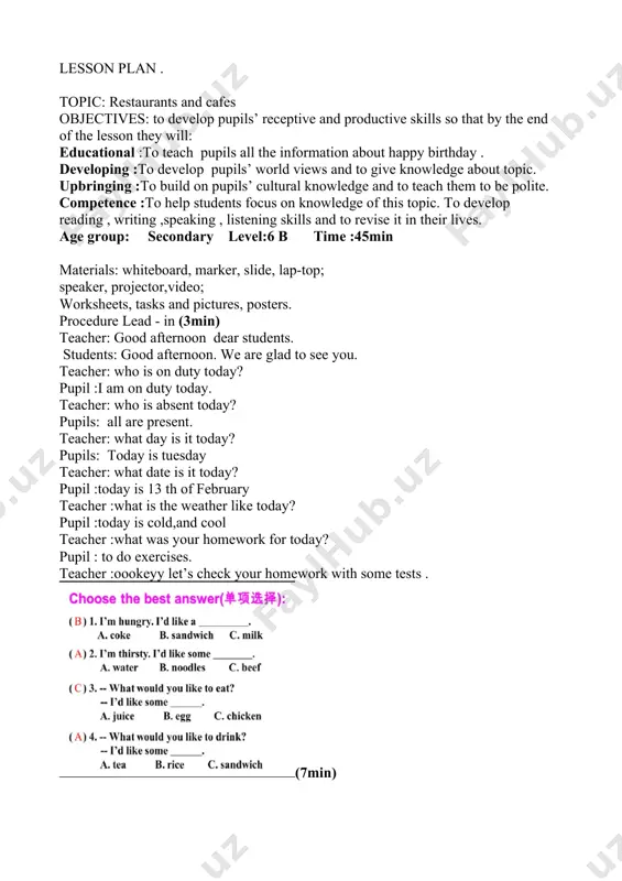 task is reading text . if the sentences are true you should write true if not false. . are you ready, steady,go … materials: worksheets objective: • to develop pupils’ reading skill. • to enlarge the range of students’ vocabulary to strengthen their attention to the topic. after answering every question i ‘ll calculate your scores if which group gather a lot of candies , this group will be winner. every task i ‘ll put chairs around the table cake 1- group’s chairs colour is yellow,2- group’s is green activity-2 . make hamburgers. (5min) materials: hand outs , pen, pencils. objective: to warm up and improve pupils cooking skills to improve their attention to develop their vocabulary procedure: every groups two pupil make hamburgers and others should find continuition of the words which written in the list . teacher:good job!thanks a lot. today we are going to learn about fast …