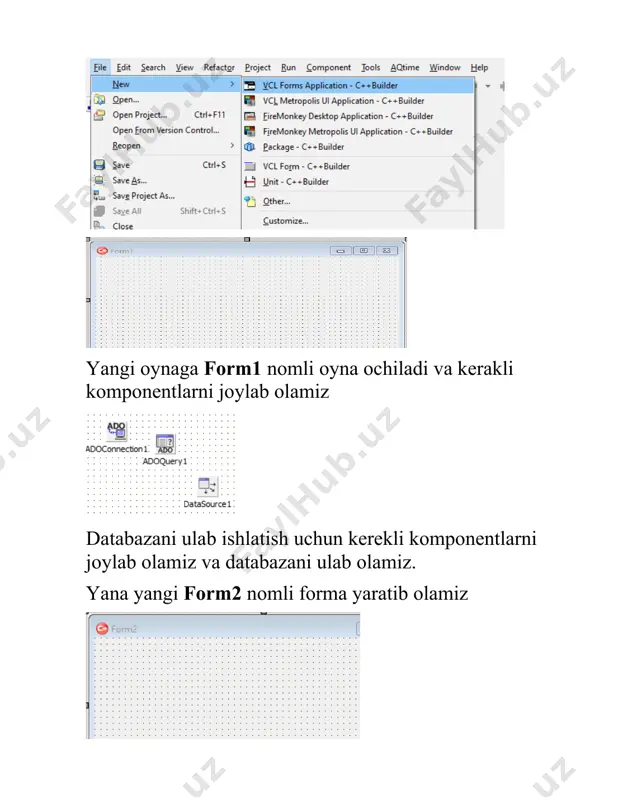 ection1->connectionstring = "provider=microsoft.ace.oledb.12.0;data source=avto.accdb;"; adoconnection1->connected = true; adoquery1->connection = adoconnection1; adoquery1->sql->text = "select * from avto"; adoquery1->open(); datasource1->dataset = adoquery1; dbgrid1->datasource = datasource1; } void __fastcall tform1::buttonsearchclick(tobject *sender) { string search = editsearch->text; adoquery1->close(); adoquery1->sql->text = "select * from avto where egasi like '%" + search + "%' or raqami like '%" + search + "%'"; adoquery1->open(); } void __fastcall tform1::buttonaddclick(tobject *sender) { adoquery1->close(); adoquery1->sql->text = "insert into avto (egasi, raqami, yili, rangi) values (:egasi, :raqami, :yili, :rangi)"; adoquery1->parameters->parambyname("egasi")->value = editegasi->text; adoquery1->parameters->parambyname("raqami")->value = editraqami->text; adoquery1->parameters->parambyname("yili")->value = edityili->text.toint(); adoquery1->parameters->parambyname("rangi")->value = editrangi->text; adoquery1->execsql(); adoquery1->sql->text = "select * from avto"; adoquery1->open(); } void __fastcall tform1::buttondeleteclick(tobject *sender) { int id = adoquery1->fieldbyname("id")->asinteger; adoquery1->close(); adoquery1->sql->text = "delete from avto where id = :id"; adoquery1->parameters->parambyname("id")->value = id; adoquery1->execsql(); adoquery1->sql->text = "select * from avto"; adoquery1->open(); } tayyor bo`lgan dastur image6.png image7.png image1.png image2.png image3.png image4.png image5.png