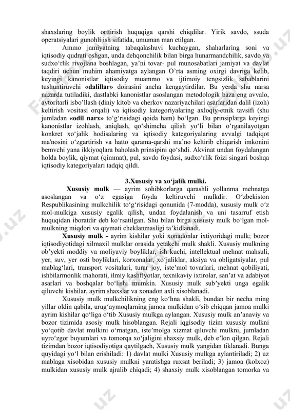 ismi shu sohada yuzaga keltirilar edi. qishloq xo‘jaligi ahvolini yaxshilash tadbirlari fiziokratlar tadqiqotlarining asosini tashkil etadi. ular qishloq xo‘jaligini iqtisodiyotning yagona unumli sohasi, deb hisobladilar. ularing fikricha boylik faqat qishloq xo‘jaligida yaratiladi, sanoat va savdoda esa u qayta ishlanadi va qayta taqsimlanadi, xolos. shunga ko‘ra fiziokratlar tadqiqotni muomala sohasidan ishlab chiqarish sohasiga olib o‘tdilar va bu bilan kapitalistik tizimning keyingi tahlili uchun asos yaratdilar. 2. uning echimlari va yo‘nalishlari. f.akvinskiyning iqtisodiy g ‘oyalari. g‘arbiy yevropadagi ancha ko‘zga ko‘ringan iqtisodiy fikrlar muallifi, deb odatda, italiya monaxi foma akvinskly (akvinat) (1225-1274) tan olinadi. uiv asming oxiri - v asming boshida iqtisodiy muammolarga diniy-etnik yondashuvning nomuqobil dogmatik prinsiplarini kiritgan, dastlabki kanonizm maktabi asoschilaridan biri hisoblangan avgustin blajenniyga (avliyo avgustin) (353-430) muxoliflik qildi va uning g‘oyalarini ijodiy davom ettirdi. v-xi asrlar davomida bu prinsiplarga amal qilib kelindi. akvinatning iqtisodiy qarashlari bilan tanishib chiqishdan oldin dastlabki va keyingi kanonizmning o‘ziga xos xususiyatlarini ko‘rib chiqamiz. olrta …