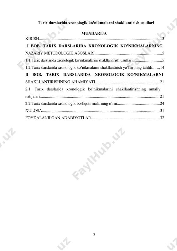 chun xronologik tartiblash mashqlaridan foydalanishlari mumkin. ushbu amaliy yondashuv talabalarni voqealar o'rtasidagi vaqtinchalik munosabatlarni tanqidiy tahlil qilishga, ularning tashkiliy qobiliyatlari va tarixiy aniqligini oshirishga majbur qiladi. yana bir qimmatli strategiya turli tarixiy davrlarni solishtirish va qarama-qarshi qo'yishni o'z ichiga oladi. davrlar orasidagi qarama-qarshiliklarni o'rganish orqali o'quvchilar naqshlarni aniqlashga, parallelliklarni chizishga va turli vaqt davrlarini belgilaydigan davomiylik va o'zgarishlarni tushunishga da'vat etiladi. bu qiyosiy tahlil nafaqat o‘quvchilarning tarixiy kontekstlar haqidagi tushunchalarini boyitibgina qolmay, balki ularda umumiy mavzularni ajratib ko‘rsatish va mazmunli xulosalar chiqarish qobiliyatini ham rivojlantiradi. kurs ishining maqsadi va vazifalari. tarix darslarida xronologik ko'nikmalarni oshirish uchun o'qituvchilar turli xil samarali usullar va strategiyalardan foydalanishlari mumkin. ushbu usullardan ba'zilari: 1. vaqt jadvallaridan foydalanish: talabalarni xronologik tartibni va voqealar o'rtasidagi o'zaro bog'liqlikni tasavvur qilish uchun tarixiy voqealarning vaqt jadvallarini yaratishga undash. 2. xronologik saralash mashqlari: talabalarga tarixiy voqealarni to'g'ri xronologik ketma-ketlikda joylashtirishlari kerak bo'lgan tadbirlarni taqdim eting, ularning tashkiliy qobiliyatlari va tarixiy …