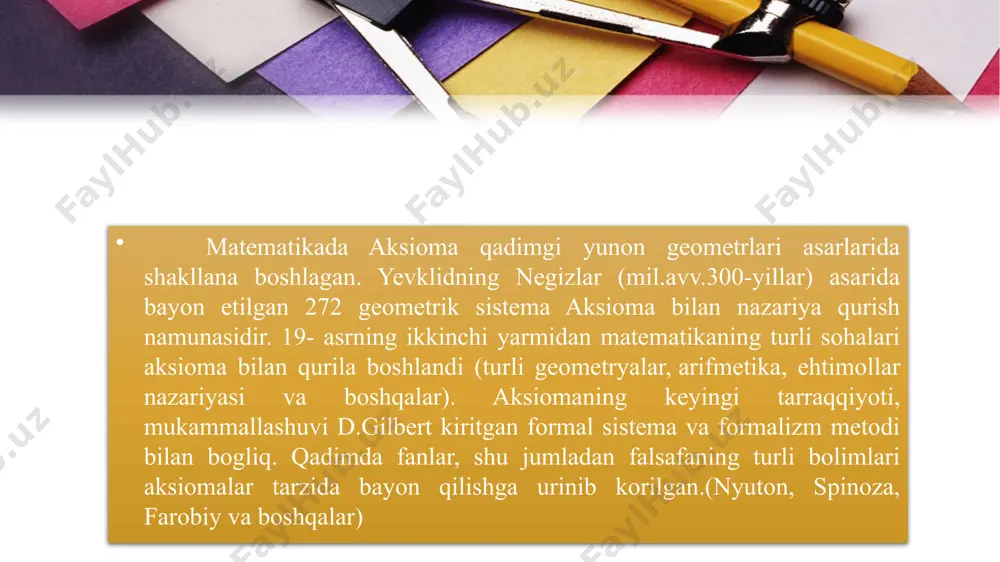 salan, nuqta, togri chiziq va boshqa geometrik obrazlarning tarifi mantiqiy nuqtai nazardan nuqsonli hisoblanadi. asarda zaruriyatsiz kiritilgan aksiomalar mavjud (masalan, aksioma sifatida ilingan hamma togri burchaklar ozaro teng degan iborani isbotlash mumkin), geometryani aksiomatik asosda qurish uchun zarur bolgan harakat aksiomalari va tartib aksiomalari berilmagan, vaholanki asarda ulardan foydalanilgan. planimetriya - bu geometriyaning bir qismi bo'lib, unda tekislikdagi raqamlar o'rganiladi. har qanday nuqtalar to'plami kabi geometrik shakl aniqlanadi. chiziq, to'g'ri, aylana - geometrik shakllar. agar geometrik shaklning barcha nuqtalari bir xil tekislikka tegishli bo'lsa, u tekis deyiladi. masalan, chiziq, to'rtburchak - bu tekis shakl. yassi bo'lmagan raqamlar mavjud. bu, masalan, kub, to'p, piramida. geometrik shakl tushunchasi to'plam tushunchasi orqali aniqlanganligi sababli, bitta raqam boshqasiga kiritilgan deb aytishimiz mumkin, biz raqamlarning birligini, kesishishini va farqini ko'rib chiqamiz. masalan, ab va mk ikkita nurlarining birlashmasi to'g'ri kv chizig'i va ularning kesishishi am segmentidir. konveks va konveks bo'lmagan raqamlar mavjud. agar har qanday …