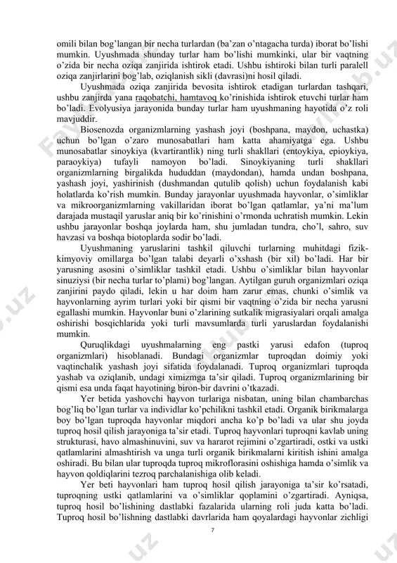 ing hayotida o’z roli mavjuddir. biosenozda organizmlarning yashash joyi (boshpana, maydon, uchastka) uchun bo’lgan o’zaro munosabatlari ham katta ahamiyatga ega. ushbu munosabatlar sinoykiya (kvartirantlik) ning turli shakllari (entoykiya, epioykiya, paraoykiya) tufayli namoyon bo’ladi. sinoykiyaning turli shakllari organizmlarning birgalikda hududdan (maydondan), hamda undan boshpana, yashash joyi, yashirinish (dushmandan qutulib qolish) uchun foydalanish kabi holatlarda ko’rish mumkin. bunday jarayonlar uyushmada hayvonlar, o’simliklar va mikroorganizmlarning vakillaridan iborat bo’lgan qatlamlar, ya’ni ma’lum darajada mustaqil yaruslar aniq bir ko’rinishini o’rmonda uchratish mumkin. lekin ushbu jarayonlar boshqa joylarda ham, shu jumladan tundra, cho’l, sahro, suv havzasi va boshqa biotoplarda sodir bo’ladi. uyushmaning yaruslarini tashkil qiluvchi turlarning muhitdagi fizik-kimyoviy omillarga bo’lgan talabi deyarli o’xshash (bir xil) bo’ladi. har bir yarusning asosini o’simliklar tashkil etadi. ushbu o’simliklar bilan hayvonlar sinuziysi (bir necha turlar to’plami) bog’langan. aytilgan guruh organizmlari oziqa zanjirini paydo qiladi, lekin u har doim ham zarur emas, chunki o’simlik va hayvonlarning ayrim turlari yoki bir qismi …