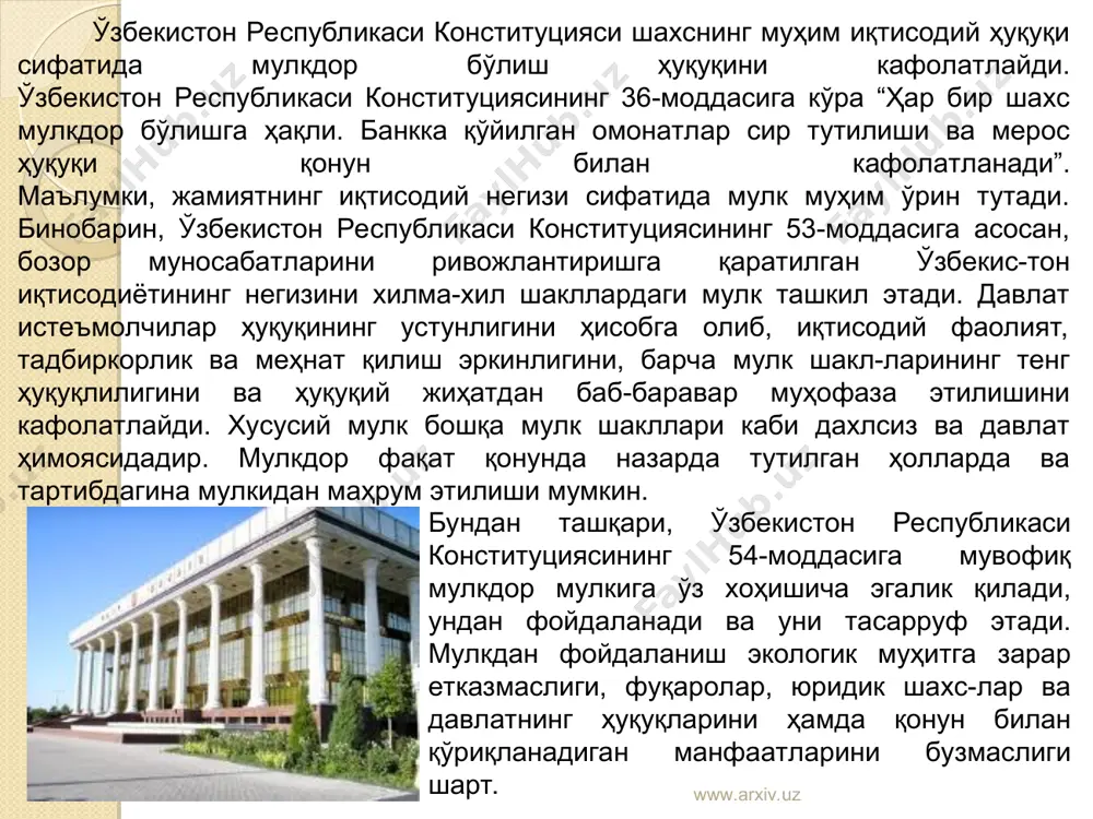 бинобарин, давлатнинг бош ислоҳотчилиги, хўжалик юритувчи субъектларнинг хўжалик фаолиятига аралашувидан воз кечиш, давлат тасарруфидан чиқариш ва хусусийлаштириш асосида мулкчилик муносабатларининг босқичма-босқич ислоҳ этилаётганлиги мулкдор бўлиш ҳуқуқини таъминлашда муҳим омил бўлмоқда. иқтисодий маънода товар-пул муносабатлари иштирокчилари учун тенг ва имтиёзли шарт-шароитларнинг яратилаётганлиги мулкий рағбатлантиришнинг асосий мезони вазифасини бажармоқда. товарлар, ишлар, хизматлар ва молиявий маблағларнинг эркин муомалада бўлиши мулкдорлар мулкларини яратиш ва кўпайтиришга имкон бермоқда. давлат томонидан самарали солиқ сиё­сатининг амалга оширилиши мулкдорларнинг иқтисодий фаолиятдан манфаатдорлигини оширмоқда. айниқса, давлат томонидан тадбиркорлик субъектларининг рағбатлантириш чораларининг тизимли равишда кўрилиши иқтисодиётни эркинлаштиришни ва мулкдорларнинг мулкка эгалик туйғуси ва кўникмаларини шакллантиришга ўзининг ижобий таъсирини кўрсатмоқда. бошқача айтганда, иқтисодиётнинг самарали иқтисодий усул ва воситалар асосида тартибга солиниши мулкий муносабатлар иштирокчиларининг фаоллиги ҳамда уларнинг моддий неъматни яратиш борасидаги манфаатдорлигини оширишга хизмат қилмоқда. www.arxiv.uz www.arxiv.uz мулкдор бўлиш ҳуқуқи намоён бўлишининг белги ва хусусиятларини қуйидаги омиллар асосида тавсифлаб бериш мумкин. биринчидан, мулк шаклларининг тенг ҳуқуқлиги эътироф этилганлиги давлат мулки ҳукмронлигига …