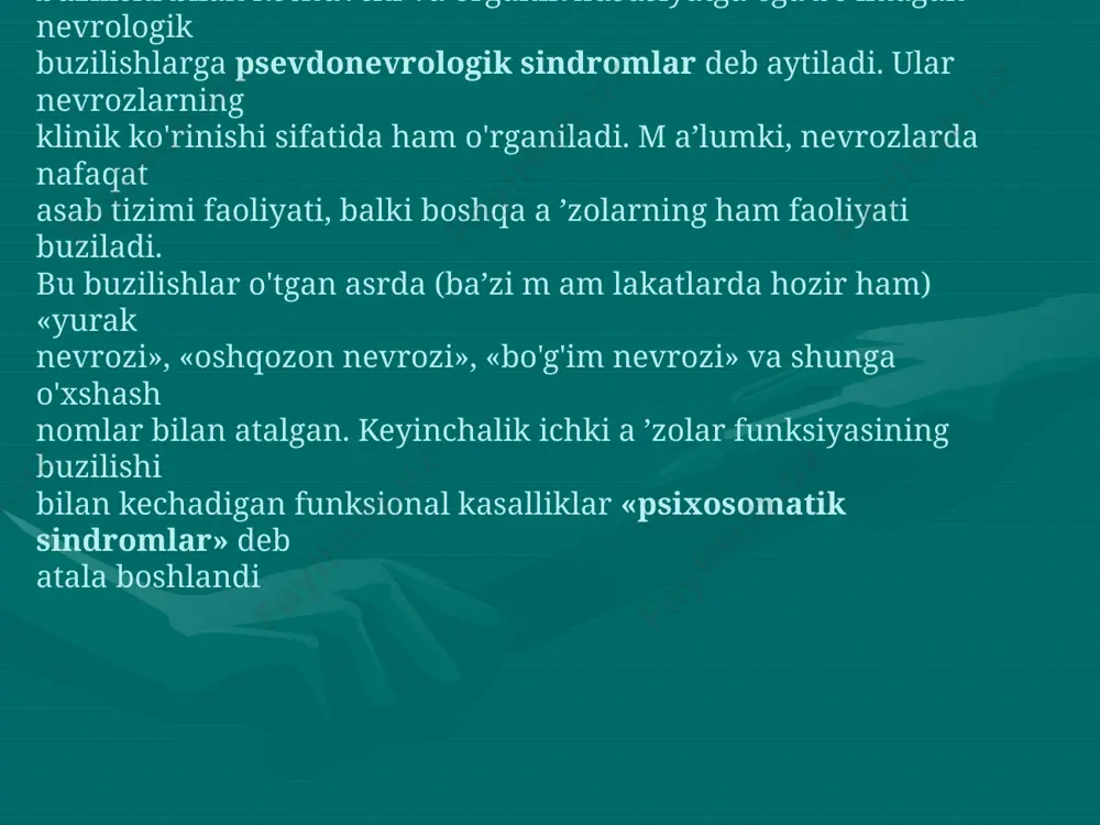 o'lib, aksariyat hollarda, uning sababini aniqlash juda qiyin bo'ladi. albatta, bosh og'rig'ining sababi oddiy ruhiy va jismoniy charchashdan tortib, to bosh miya o'smasigacha bo'lishi mumkin (9-jadval). shuning uchun doimo bu muammoga jiddiy e’tibor bilan qaralgan. «bosh og'rig'i muammolari» bo'yicha o'tkaziladigan xalqaro konferensiyalarda qayd qilinishicha, rivojlangan davlatlarda bosh og'rig'i «sog'lom» kishilarning 80 foizida u ch rar ekan. k onferen siy ad a ta ’k idlanishicha, bosh o g 'riq larn i keltirib chiqaruvchi kasalliklar soni yildan-yilga oshib bormoqda va ularning ichida yetakchi o'rinlarni depressiya va nevrozlar egallaydi. psixogen bosh og'riqlar erkaklarga qaraganda ayollarda ko'p uchraydi. трубной окклюзиянинг самарадорлиги. -юқори эффективлиги (0.01 % хомиладорлик) -бу усул бир марта қилинади -кантрацепсиянинг хар доимги усули. -кўкракдан сут келиши ўзгармайди. -жинсий алоқада ноқулайлик йўқ. -жинсий алоқадан қониқиш ўзгармайди. - 5-7 кун госпитализация қилинади. кимлар дхс қилдириши мумкин. -35 ёшдан катталар -2 ва ундан ошиқ боласи бор аёллар. -ўз хохиши билан працедурага розилик берганлар psixogen bosh …