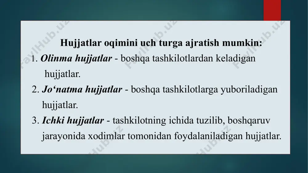 rmoyishlar, takliflar, fikrlar, xulosalar, iltimoslar bayon etiladi. agar hujjat mazmunini tushuntirish va asoslash zarurati bo‘lmasa, matn bitta xulosa qismdan iborat bo‘lishi mumkin: buyruqlar ta’kidlash qismisiz qaror qismidan, xatlar tushunti- rishsiz iltimos qismdan iborat bo‘ladi. hujjatning uzluksiz bog‘langan matni doimiy axborotni saqlovchi va uzluksiz axborotlarni kiritish uchun bo‘sh joylar trafaret asosida tuzilgan boiishi mumkin. bayonnoma matni uchinchi shaxs nomidan («eshitdilar», «so‘zga chiqdilar», «qaror qildilar» ) ko‘plik sonda bayon qilinadi, nutqlar mazmuni uchinchi shaxs nomidan birlik sonda bayon qilinadi. xatlarda quyidagi bayon etish shakllaridan foydalaniladi: - birinchi shaxs nomidan ko‘plik sonda («jo‘natishni so‘raymiz», «ko‘rib chiqish uchun jo‘natmoqdamiz»); - birinchi shaxs nomidan birlik sonda («zarur deb hisoblayman», «ajratishni so‘rayman»); - uchinchi shaxs nomidan birlik sonda («vazirlik qarshi emas», «о‘zstandart» agentligi amalga oshirsa bo‘ladi deb hisoblaydi»). agar hujjatda matnda qayd etilgan ilova bo‘lsa, u holda ilovalar borligi to‘g‘risidagi belgi quyidagi shakl bo‘yicha rasmiy lashtiriladi. ilova: 10 varaqda, 2 nusxada. agar hujjatda matnda ko‘rsatilmagan ilova …