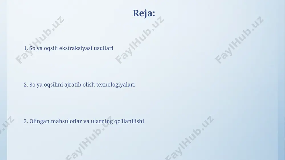o'shma shtatlarida, 90% dan ortiq protein tarkibiga ega mahsulot olish uchun izolyatsiya jarayonida 5-7 bosqichdan foydalaniladi. kimyoviy usullar bilan ajratish soya oqsilini ajratib olishda ishlatiladigan ishqorli gidroliz usuli, 10-12% li naoh eritmasidan foydalanishni o'z ichiga oladi va bu jarayon o'zbekistondagi oziq-ovqat sanoati korxonalarida qo'llaniladi. izopropil spirti kabi organik erituvchilar yordamida selektiv ekstraksiya, soya uni tarkibidagi oqsillarni 80-90% gacha ajratib olish samaradorligini ta'minlaydi, bu esa germaniyada keng miqyosda qo'llaniladigan texnologiya hisoblanadi. so'ya oqsilini ajratib olishning tarixiy rivojlanishi 1930-yillarda, amerika qo'shma shtatlarida, soya oqsilini ajratib olishning dastlabki sanoat usullari ishlab chiqildi, bu asosan oziq-ovqat sanoati uchun mo'ljallangan edi. 1970-yillardan boshlab, osiyo mamlakatlarida, xususan, xitoy va yaponiyada, soya oqsilini ajratib olishning yangi, samarali usullari, masalan, izolyatsiya va konsentratsiya texnologiyalari joriy etildi, bu esa uning global miqyosdagi ishlatilishiga olib keldi. ekstraksiya jarayonlarini optimallashtirish braziliyada ishlab chiqarilgan yangi texnologiya yordamida soya uni ekstraksiyasi jarayonida suv sarfini 20% ga kamaytirish mumkin. aqshda oʻtkazilgan tadqiqotlar shuni koʻrsatdiki, …