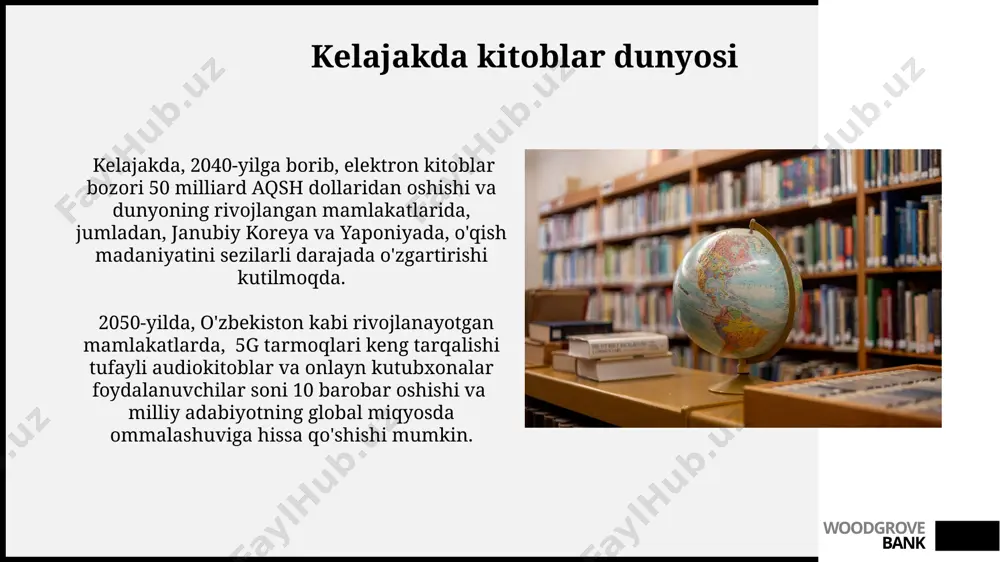 podshohi" deb ataluvchi uilyam shekspirning 37 ta pyesasi va 154 soneti global miqyosda 400 yildan ortiq vaqtdan beri o'qilmoqda va sahnalashtirilmoqda. woodgrove bank kitoblar va jamiyat o'zbekistonning samarqand shahridagi mirzo ulug'bek kutubxonasi kabi tarixiy kutubxonalar, minglab qo'lyozmalarni saqlab, o'tmish bilan hozirgi zamon o'rtasidagi muhim bog'lanishni ta'minlaydi. kitoblarning 2022-yilgi global savdosi 130 milliard aqsh dollaridan oshgan bo'lib, bu raqam jahon miqyosida madaniy almashinuv va fikrlarning tarqalishiga ta'sir ko'rsatadi. woodgrove bank elektron kitoblar amazon kindle kabi elektron kitob o'quvchilarining o'rtacha batareya muddati 4-7 kunni tashkil etadi va bu foydalanuvchining o'qish odatlariga bog'liq. qo'shimcha ravishda, dunyoning 200 dan ortiq mamlakatida elektron kitoblar sotiladi. elektron kitoblarning 2023-yil holatiga ko'ra dunyo bo'yicha sotuvi 15 milliard aqsh dollaridan oshgan bo'lib, bu raqam har yili o'rtacha 10% ga o'smoqda. woodgrove bank kitoblar dunyosi ta'rifi kitoblar dunyosi – taxminan 100 million ga yaqin o'quvchini birlashtirgan, global miqyosdagi axborot almashinuvi va intellektual muloqot maydoni bo'lib, buyuk britaniyadan yaponiyagacha turli …