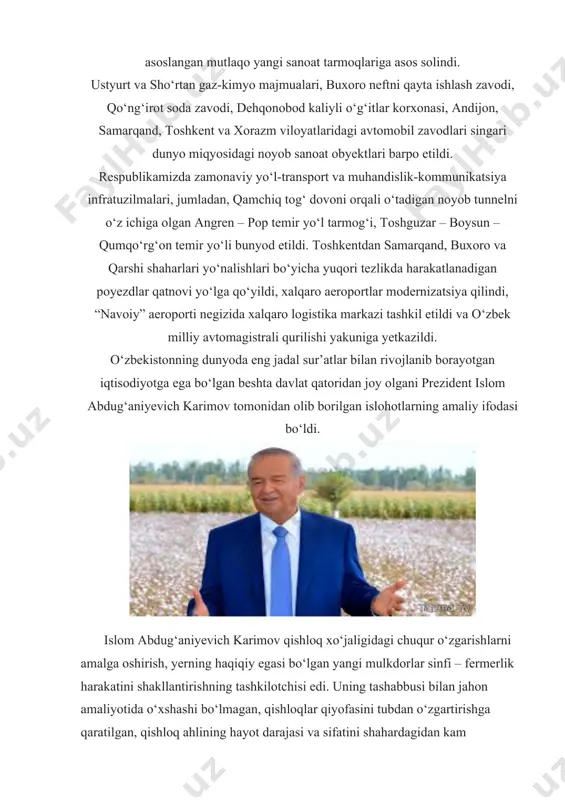 ug‘aniyevich karimov tomonidan olib borilgan islohotlarning amaliy ifodasi bo‘ldi. islom abdug‘aniyevich karimov qishloq xo‘jaligidagi chuqur o‘zgarishlarni amalga oshirish, yerning haqiqiy egasi bo‘lgan yangi mulkdorlar sinfi – fermerlik harakatini shakllantirishning tashkilotchisi edi. uning tashabbusi bilan jahon amaliyotida o‘xshashi bo‘lmagan, qishloqlar qiyofasini tubdan o‘zgartirishga qaratilgan, qishloq ahlining hayot darajasi va sifatini shahardagidan kam bo‘lmasligini ta’minlaydigan namunaviy uy-joylar qurish dasturi amalga oshirilmoqda. islom abdug‘aniyevich karimov qurolli kuchlar oliy bosh qo‘mondoni sifatida o‘zbekiston respublikasining mustaqilligini, uning hududiy yaxlitligi va sarhadlarimiz daxlsizligini, xalqimizning tinch va osoyishta hayotini ishonchli himoya qilishga qodir bo‘lgan zamonaviy qurolli kuchlarni tubdan isloh etish, ularning jangovar salohiyati va qudratini oshirishni ta’minladi. u tub negizida boshqa davlatlarning ichki ishlariga aralashmaslik va vujudga kelayotgan qarama-qarshilik va mojarolarni faqatgina tinch, siyosiy yo‘l bilan hal etishga asoslangan tinchlikparvar siyosat mujassam bo‘lgan o‘zbekiston respublikasining tashqi siyosat konsepsiyasini ishlab chiqdi va amalga oshirdi. davlatimiz rahbari mintaqamizda va butun dunyoda tinchlik va barqarorlikni saqlashga ulkan hissa qo‘shdi. islom …