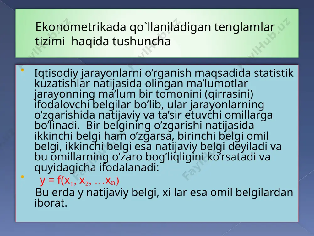 tizimini yozish mumkin. olingan tenglamalar tizimini echib modelning keltirilgan shaklining birinchi tenglamani olamiz. xuddi shunday tartibda modelning keltirilgan shaklining ikkinchi tenglamasiga ekkuni qo’llab quyidagi normal tenglamalar tizimini olamiz. e’tiboringiz uchun rahmat!!! image2.png image3.jpeg image4.png image5.png image6.png image7.png image8.png image9.png image10.png /docprops/thumbnail.jpeg