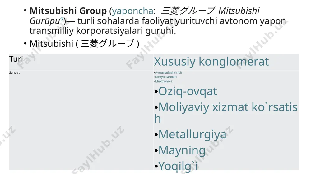 zarur boʻlgan koʻmirni olish uchun koʻmir qazib olish bilan shugʻullanadi, oʻzi ishlatgan kemalarni taʼmirlash uchun hukumatdan kemasozlik zavodi sotib oladi, kemasozlikni temir bilan taʼminlash uchun temir zavodini tashkil qiladi va yuk tashish xarajatlarini qoplash uchun dengiz sugʻurtasi biznesini yoʻlga qoʻydi. keyinchalik kemasozlik faoliyati orqali olingan boshqaruv resurslari va texnologik imkoniyatlar biznesni samolyotlar va uskunalar ishlab chiqarishga kengaytirish uchun ishlatildi. chet elda yuk tashish tajribasi kompaniyani tijorat biznesiga kirishiga olib keldi[3]. 1881-yilda kompaniya takashima ko`mir konini sotib oldi. 1890-yilda esa xashima orolini sotib oldi va ishlab chiqarishdan o'zining ulkan paroxod flotini yonilg'i bilan ta'minlash uchun foydalandi. shuningdek, ular kemasozlik, bank ishi, sug'urtarivojlanishi, keyinchalik amalga oshirilgan diversifikatsiya esa tashkilotni qog'oz, po'lat, shisha, elektr jihozlari, samolyotlar, neft va ko'chmas mulk kabi sohalarda rivojlantirdi. mitsubishi keng ko'lamli konglomerat yaratgab sababli yaponiya sanoatini modernizatsiya qilishda markaziy rol o'ynadi[4]. 1921-yil fevral oyida nagoyadagi mitsubishi ichki yonish dvigatellarini ishlab chiqarish kompaniyasi britaniya sopwith camel dizayneri gerbert smitni …