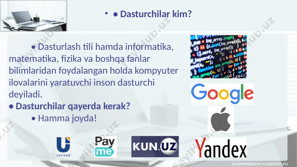 im va sifatlar dasturlash uchun muhim bilim va sifatlar dasturlash uchun muhim bilim va sifatlar 34 dasturlash tillari mashina tili (quyi darajadagi) – har bir buyruq prosessorning bitta buyrug’iga mos keladi (assembler) yuqori darajadagi tillar – inson tiliga yaqin bo’lgan tillar, dasturchi tomonidan oson o’zlashtiriladi, aniq bir kompyuter uchun mo’ljallanmagan bo’ladi o’rganish uchun: scratch, python, basic, pascal professional: c, python, c++,c#, visual basic,delphi sun’iy intellekt masalalrini hal qilish uchun: matlab, c++, prolog, python, lisp, java web dasturlash: javascript, java, perl, php, asp, python 34 image2.jpg image3.png image4.png image5.png image6.png image7.png image8.png image9.png image10.png image11.png image12.png image13.png image14.png image15.png image16.png image17.png image18.png image19.png image20.png image21.png image22.png image23.png image24.png image25.png image26.png image27.png image28.png image29.png image30.png image31.png image32.png image33.png image34.png image35.png image36.png image37.png image38.png image39.png image40.png image41.png image42.png image43.png image44.png image45.png image46.png image47.png image48.png image49.png image50.png image51.png image52.png image53.png image54.png image55.png image56.png image57.png image58.png image1.jpg