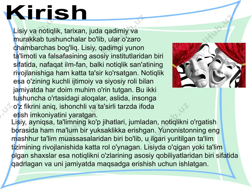 lishi, nutqni o'ziga xos va ta'sirchan qilish, o'z fikrini aniq va asosli tarzda taqdim etish zarur. notiqlikning tarixi qadimgi yunon davriga borib taqaladi. yunonistonning mashhur retorikasi, ayniqsa, sokrat, platon va aristotel kabi mutafakkirlar tomonidan rivojlantirilgan. aristotelning "retorika" asari notiqlik san'atining asosiy manbalaridan biri bo'lib, unda notiqlikning muhim tamoyillari va nutqni qanday qilib samarali amalga oshirish kerakligi to'g'risida so'z yuritiladi. aristotelning ta'limotiga ko'ra, notiqlik o'zgaruvchan va zamon talablariga mos bo'lishi kerak, shu bilan birga, nutqning asoslari qat'iy va aniq bo'lishi zarur. notiqlikning zamonaviy tushunchasida ham ko'plab o'zgarishlar bo'lsa-da, uning asl maqsadi o'zgarishsiz qolmoqda – tinglovchilarni o'z g'oyalariga ishontirish va ularni harakatga keltirish. notiqlik, ayniqsa, siyosat va huquq sohalarida o'zining asosiy rolini o'ynaydi. siyosatchilar va davlat arboblari o'z nutqlari orqali xalqni, siyosiy partiyalarni yoki boshqa davlat organlarini o'z taraflariga jalb qilishga harakat qiladilar. shuningdek, notiqlik jamiyatdagi ijtimoiy masalalar bo'yicha jamoatchilik fikrini shakllantirishda ham muhim vositadir. notiqlik san'ati har bir insonning shaxsiy rivojlanishi …