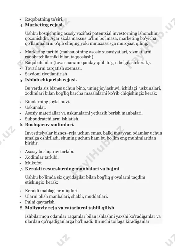 o yetarlicha ehtiyotkorlik bilan barcha kerakli bo’limlarni ishlab chiqib, mutaxassislarning tavsiyalariga rioya qilib va tayyor variantlarni asos qilib olgan bo’lsangiz ham, noto'g'ri yo'lga qadam qo'yishingiz mumkin. xo'sh, bu holatda odatiy xatolar qanday bo’ladi? diqqatni qaratish kerak bo'lgan uch asosiy xato: 1. noto'g'ri ma'lumotlar va faktlarni to'plash, hisob-kitoblarda va yozma xulosalarda xatolar, axborot manbalarini ko’rsatmaslik; 2. konseptual xatolar. biznesda yetarli bilimlarga ega bo’lmaslik, savdo texnologiyalarini tushunmaslik tufayli paydo bo’ladi; 3. metodik xatolar. mukammal biznes-rejasini tuzgan bo’lsangiz ham “syurpriz” bo’lib ayni kerakmas paytda investorlar ko’ziga tushadigan mayda xatolar. xulosa o'z biznesini rivojlantirishni va shu bilan birga o’zi ham rivojlanishni istagan har bir tadbirkor uchun biznes-reja juda muhimdir. chunki, u hech bir inson qila olmaydigan juda ko'p mas'uliyatli vazifalarni bajaradi. xulosa sifatida biznes-reja tuzish uchun foydali maslahatlar berishni xohlardim: 1. bir nechta tayyor biznes — rejalarini o'qing. 2. biznes-reja sizning shaxsingizni aks ettirishi kerak. 3. biznes-rejani tayyorlash bu, tasavvurni ishlatishni talab qiladigan jarayon. …