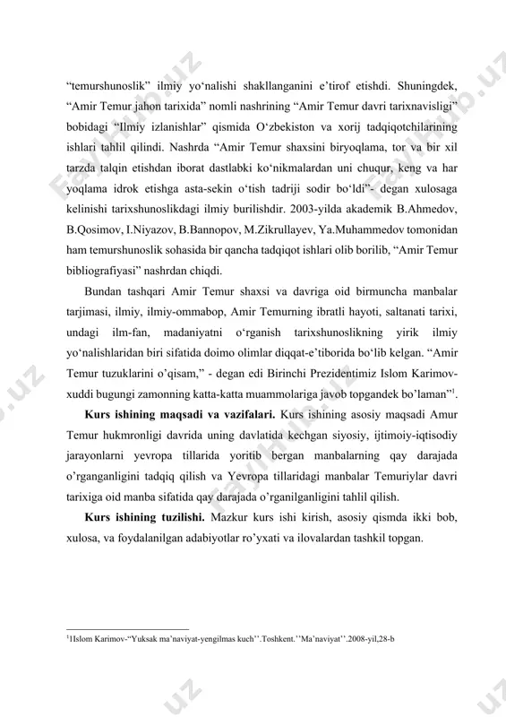 .’’ma’naviyat’’.2008-yil,28-b] kurs ishining maqsadi va vazifalari. kurs ishining asosiy maqsadi amur temur hukmronligi davrida uning davlatida kechgan siyosiy, ijtimoiy-iqtisodiy jarayonlarni yevropa tillarida yoritib bergan manbalarning qay darajada o’rganganligini tadqiq qilish va yevropa tillaridagi manbalar temuriylar davri tarixiga oid manba sifatida qay darajada o’rganilganligini tahlil qilish. kurs ishining tuzilishi. mazkur kurs ishi kirish, asosiy qismda ikki bob, xulosa, va foydalanilgan adabiyotlar ro’yxati va ilovalardan tashkil topgan. i.bob. ispan olimlarining temuriylar davriga oid qilgan tadqiqotlari. 1.1. rui gonsales de klavihoning ,,samarqandga amir temur saroyiga sayohat kundaligi'' asari manba sifatida òrganilish tarixi. amir temur va temuriylar tarixini o‘rganishda maxalliy tarixchilarning asarlari bilan bir qatorda chet ellik olimlar va elchilar asarlari ham muxim rol o‘ynaydi. ayniqsa, amir temur davlatida voqealarni o‘z ko‘zi bilan ko‘rgan mualliflar asarlari muhim ma’lumotlarga boydir. ana shunday asarlardan biri a.temur davlatiga ispaniyadan elchi bo‘lib kelgan rui gonsales de klavixonning “samarqandga amir temur saroyiga sayohat kundaligi” asaridir. mazkur asar birinchi marta …