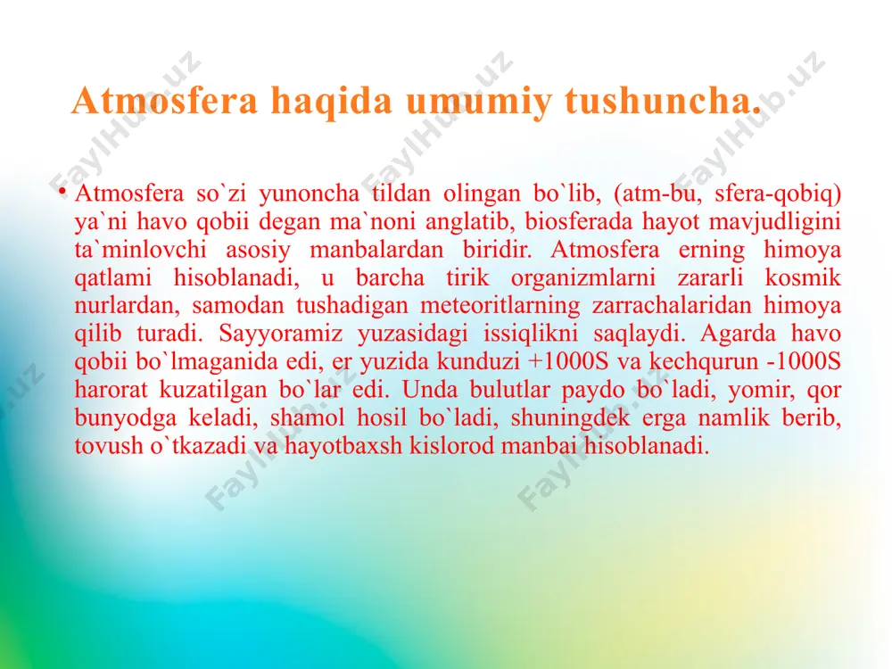 samolyotlarning ham roli katta. birgina reaktiv samolyot 8 soat ichida amerikadan yevropaga uchib o`tganda 50-100 tonnagacha kislorod yoqadi, ya`ni buni 100 ming gektar o`rmonzor bir kunda chiqarib beradi, bir kosmik kemaning fazoga chiqishi uchun 16 km radiusida ozon qatlami emiriladi. atmosfera havosining ifloslanishida qishloq xo`jalik ishlab chiqarishining ham hissasi bor, bunda parrandachilik va chorvachilik komplekslari, go`sht kombinatlari, kimyoviy o`itlar, zararli ximikatlar ko`proq ta`sir etadi. bulardan tashqari kanalizasiya shaxobchalaridan, avtomobil ildiraklaridan, oyoq kiyimidan, oshxonalardan va boshqalardan chiqqan chang, gazlar, hidlar ham atmosferani ifloslaydi. www.arxiv.uz havoning ifloslanishi natijasida vujudga keladigan salbiy holatlar va uning oqibatlari. havoning kuchli ifloslanishi insonlar soliiga, qolaversa barcha jonzotlarga salbiy ta`sir ko`rsatadi. bir kishi sutka davomida o`rtacha 25 kg havo bilan nafas oladi. havo tarkibidagi zarali chang, qurumlar, zararli gazlar kishi organizmida to`planaveradi. oqibatda teri va ko`z kasalliklari, jigar serrozi, qonbosimining ortishi, surunkali bronxit, enfizima, nafas qisish va o`pka raki kabi kasalliklarning ko`payishiga sabab bo`ladi. bolalar o`rtasida umumiy …