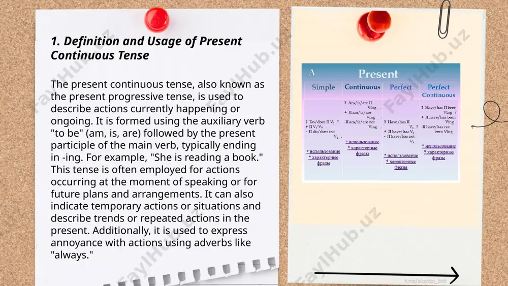 ent of speaking or temporary situations. it is formed with the verb "to be" plus the "-ing" form of the main verb. examples: "she is reading now" and "they are studying this week." the simple present tense describes habitual actions, general truths, or fixed arrangements. it uses the base form of the verb for most subjects, adding "-s" for third-person singular. examples include "he reads every morning" and "water boils at 100°c." comparative usage: "i eat breakfast at 7 am" (habit) vs. "i am eating breakfast now" (current action). the present continuous is not used for stative verbs, whereas the simple present can describe states or feelings, such as "i know him" or "she likes chocolate." ... t.me/slaydai_bot 7. common verbs used in present continuous the present continuous tense in english is used to describe actions happening now or around the present time. common verbs used in this tense include: …
