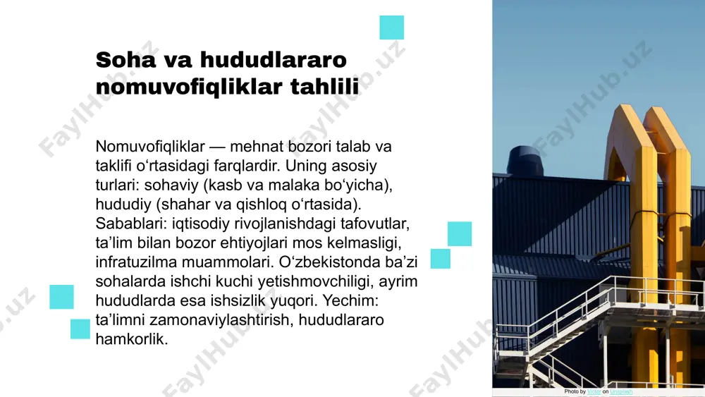 ilish, xizmatlar va boshqa sohalarda foiz ko‘rsatkichlari berilgan, (sanoat ~110.2%, qishloq xo‘jaligi ~103.8%, xizmatlar ~110.7%) xorazm viloyati • sanoatning o‘sish indeksi: 109.2 % (2025-yil yanvar-iyun) • qishloq, o‘rmon va baliq xo‘jaligining o‘sish indeksi: 104.0 % • xizmatlarning o‘sish indeksi: 113.3 % • hududiy mahsulot (yalpi hududiy mahsulot, yhm) umumiy o‘sishi: ~107.4 % • doimiy aholi soni: 2,045,652 • xorazm viloyati bandlik boshqarmasi ma’lumotlarida: • 2024 yilda viloyatda ~290 ming aholi ishli bo‘lganligi qayd etilgan. • kambag‘allik darajasi ~12 %, ishsizlar soni ~45 ming kishi ekanligi aytilgan. samarqand viloyati • hududiy mahsulot (yalpi hududiy mahsulot, yhm) umumiy o‘sishi ~107.0%, sanoat ~106.8%, • qishloq xo‘jaligi ~104.6% • doimiy aholi soni 4,315,300 • samarqand viloyati bandlik boshqarmasi ma’lumotlarida: • 2024 yilda viloyatda ~ 215,9 ming aholi ishli bo‘lganligi qayd etilgan • kambag‘allik darajasi ~7,5 %, ishsizlar soni 78,4 ming kishi ekanligi aytilgan. nomuvofiqliklarning misollari qishloq xo'jaligi va sanoat o'rtasidagi nomuvofiqlik: ko'plab qishloq hududlarida …
