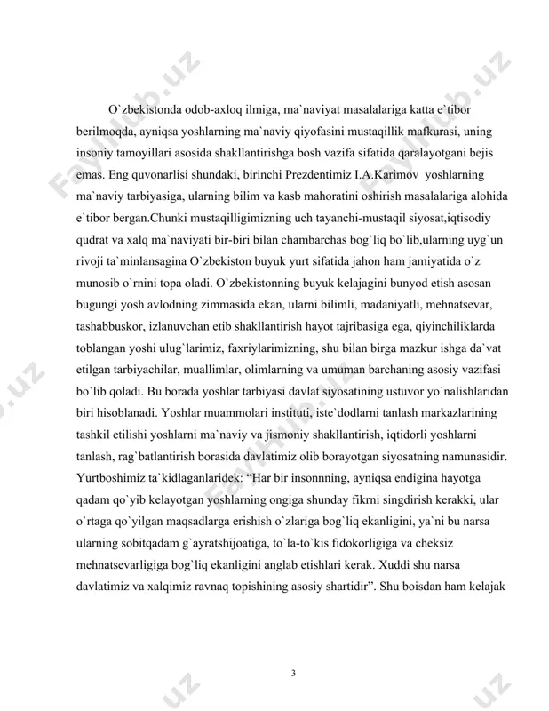 agi tarbiya poydevorini ta`lim maskanlarida ham uyg`un ravishda mustahkam qo`yilishiga e`tibor qaratilish kerakdir. har qanday mustaqil davlat o’zining iqtisodiy, siyosiy ma’naviy-ma’rifiy sohalari bo’yicha tayanch yo’nalishlarni belgilab oladi. ushbu yo’nalishlar asosida asosiy maqsad va vazifalar aniqlanadi. xuddi shuningdek o’zbekiston respublikasi ham turli hayot sohalar bo’yicha o’z yo’nalishlarini, maqsad va vazifalarini belgilab oldi. hamda ularni hal qilinishi davlat, millatning porloq kelajagini belgilab beradi. o’zbekiston respublikasi mustaqillikka erishgandan so’ng mamlakatimiznining iqtisodiy-ijtimoiy, manaviy-ma’rifiy rivojlantirish jarayonida keskin o’zgarishlar sodir bo’ldi. bu o’zgarishlar ayniqsa ta’lim sohasini tubdan isloh qildi. «ta’lim to’g’risidagi qonun» asosida ta’limning quyi bosqichidan boshlab oliy ta’lim tuzilishiga yosh avlodni ta’lim tuzilishiga yosh avlodni ta’lim-tarbiyasini sifat jixatidan qayta ko’rib, uni yangilashga muvaffaq bo’lindi. yosh avlodni tarbiyalash murakkab va ko’p qirrali jarayon. yoshlarni har tomonlama ham aqlan, ham jismonan barkamol, axloqan yetuk, ma’naviy pok qilib tarbiyalash shu kunning muxim va dolzarb muammolaridan biriga aylanib qoldiki, bu davr va bugungi turmushimizning taqozosidir. oila jamiyatning ajralmas zarur …