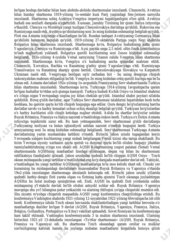 lishiga qarshi edi. buyuk britaniya germaniyaning dengiz va iqtisodiy qudratini sindirganligini o'zining katta yutug'i deb hisoblardi. germaniyaning sobiq mustamlakalarini o'z imperiyasi tarkibiga qo'shib olishga intilardi. ayni paytda fransiyaning germaniya hisobiga kuchayishini ham istamas edi. lloyd-jorj fransiya kuchayib ketishining hamda bolsheviklar solishi mumkin bo'lgan xavfning oldini olish maqsadida kuchli germaniyaning saqlanib qolishidan manfaatdor edi. bundan tashqari, buyuk britaniya aqshning jahon siyosatida tutgan o'rni, shuningdek harbiy- dengiz qudrati tobora oshib borayotganligidan tashvishda edi. biroq bu jarayonning oldini olishga qodir emas edi. chunki aqsh buyuk bntaniyani qarz beruvchi davlatdan qarzdor davlatga aylantirib qo'ygan edi. buning ustiga iqtisodi tobora kuchsizlanib, moliyasi va savdosi izdan chiqib bormoqda edi. fransiya katta uchlik ichida eng ko'p zarar ko'rgan davlat edi. chunki urush harakatlari uning hududlarida olib borilgan edi. ayni paytda u ham qarz beruvchi davlatdan qarzdor davlatga aylanib qoldi. bu ham yetmaganidek, sovet hukumati podsho rossiyasining chet davlatlardan olgan qarzini to'lashdan bosh tortganligi fransiya uchun qattiq zarba …