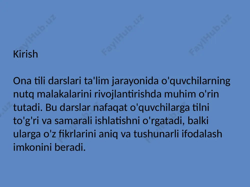 to'g'ri va mantiqiy ravishda bayon etish, shuningdek, yozma ravishda fikrlarini izchil va tushunarli tarzda ifodalashni o'rgatadi. nutqning to'liq va aniq ifodalanishiga erishish: bu jarayon og'zaki va yozma nutqning har bir jihatini to'liq va aniq ifodalashga yordam beradi. og'zaki nutqni yozma nutq bilan uyg'unlashtirish, o'quvchilarga muloqotda yuqori samaradorlikka erishishga yordam beradi. o'quvchilarning nutq malakalarini baholash va tahlil qilish baholash usullari: testlar: o'quvchilarning nutq malakalarini tekshirish uchun turli xil testlar va topshiriqlarni ishlatish. vazifalar: nutqni o'rganishda o'quvchilarga turli vazifalar berish, masalan, mavzular bo'yicha qisqacha ma'ruzalar tayyorlash, nutqni muntazam ravishda baholash. ijodiy ishlar: o'quvchilarga ijodiy nutq ishlari berish, masalan, esse yozish, hikoya yaratish, munozara o'tkazish orqali ularning nutq qobiliyatini oshirish. o'quvchilarning nutq malakalarini rivojlantirishda samarali baholashning o'rni: baholash metodlari o'quvchilarning nutq malakalarini tahlil qilish va rivojlantirishda muhim rol o'ynaydi. to'g'ri baholash o'quvchilarga o'zlarining kuchli va zaif tomonlarini aniqlashga yordam beradi. og'zaki va yozma nutqni shakllantirishda foydalaniladigan pedagogik metodlar interaktiv metodlar: o'quvchilarning faol ishtirokini …