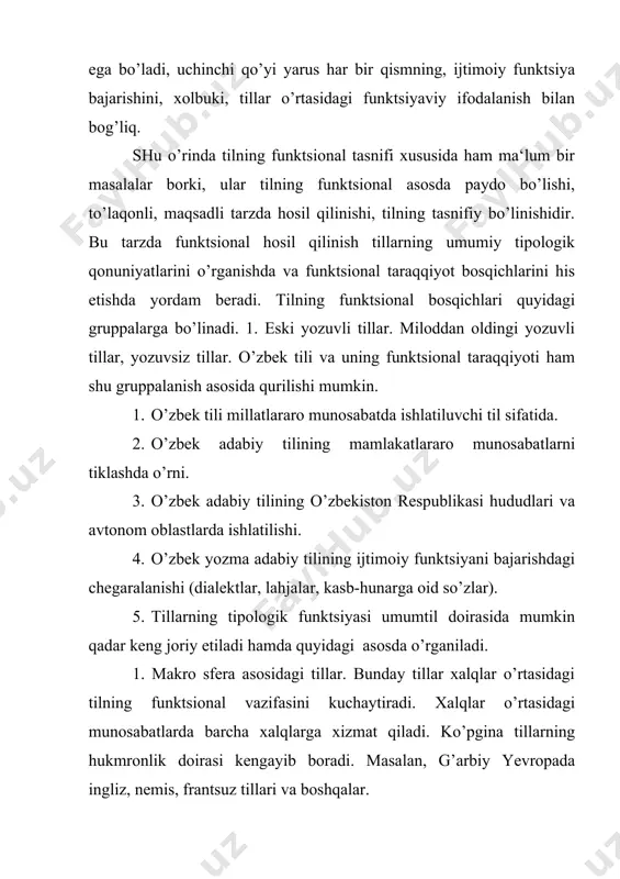 susiyatlari va so‘zning yasalish tomonlarini hisobga oladi. shunga ko‘ra, morfologik usul barcha tillarni ikki asosiy guruhlarga ajratadi. i. qo‘shimchali (affiksli) tillar. bunday tillarda nutqdagi so‘zlarning bir-biriga bog‘lanishi so‘z tarkibiga bog‘liq bo‘ladi. morfologik usulga asoslangan qo‘shimchali tillar yana ikki guruhga bo‘linadi. 1. agglyutinativ tillar (agglutinare lotincha so‘z bo‘lib, ulash, yopishtirish demakdir). 2. felektiv tillar (flexio lotincha so‘z bo‘lib, egilmoq, bukilmoq demakdir). bu ikki xil guruhdagi tillarning hammasi qo‘shimchali tillar deb hisoblansa ham, lekin ulardagi qo‘shimchalarning xarakteri va so‘zlarga ulanish, bog‘lanish xususiyatlari bir-biriga o‘xshamaydi. ii. qo‘shimchasiz tillar. bunday tillarda gap tarkibidagi so‘zlarning bir-biri bilan munosabati, asosan, so‘z tarkibi orqali ifodalanadi. so‘zlarning shakli esa o‘zgarmaydi (turlanmaydi, tuslanmaydi),hech qanday qo‘shimcha so‘z negiziga qo‘shilmaydi. umuman, bu tillarga grammatik munosabatlar sintaktik yo‘l bilan ifodalanadi. qo‘shimchasiz tillarda yordamchi so‘zlar va so‘z yasovchi elementlar bo‘ladi. masalan: qo‘shimchasiz tillar qatoriga kiruvchi xitoy tilidagi-chje shi xao shen-bu yaxshi odam-ta tszade xao- bu yaxshi ishlagan xao so‘zi gapdagi o‘rniga qarab aniqlovchi, …