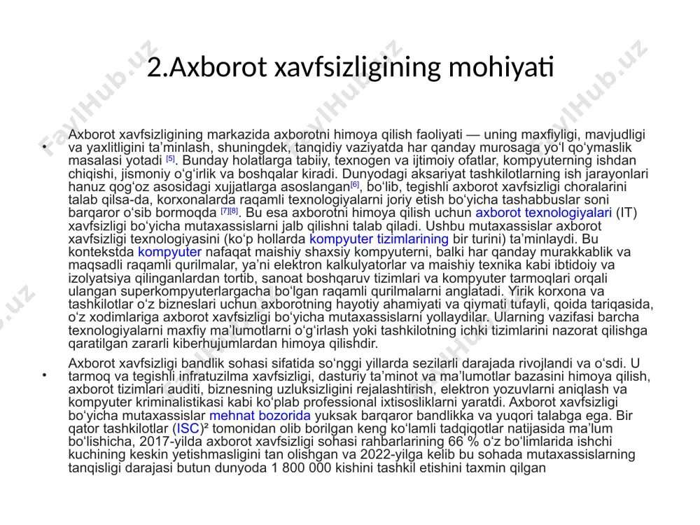 o’zgarishlardan (qo’shimchalar, o’chirishlar, o’zgartirishlar va boshqalar) himoya qilishni o’z ichiga oladi. yaxlitlik tamoyili ma’lumotlarning to’g’ri va ishonchli bo’lishini hamda tasodifiy yoki zararli shaklda noto’g’ri o’zgartirilmasligini ta’minlaydi. mavjudligi mavjudlik – tizimning dasturiy ta’minot tizimlari va ma’lumotlarini foydalanuvchiga kerak bo’lganda (yoki ma’lum bir vaqtda) to’liq foydalanish imkoniyatini himoya qilishdir. mavjudlikning maqsadi texnologik infratuzilmani, ilovalarni va ma’lumotlarni tashkiliy jarayon yoki tashkilot mijozlari uchun zarur bo’lganda mavjud qilishdir. axborot xavfsizligi va kiberxavfsizlik axborot xavfsizligi kiberxavfsizlikdan ko’lami va maqsadi jihatidan farq qiladi. bu ikki atama ko’pincha bir-birining o’rnida ishlatiladi, ammo aniqrog’i, kiberxavfsizlik axborot xavfsizligining kichik ko’rinishidir. axborot xavfsizligi – bu jismoniy xavfsizlik, endpoint (so’nggi nuqta) xavfsizligi, ma’lumotlarni shifrlash va tarmoq xavfsizligi kabi ko’plab sohalarni qamrab oluvchi keng soha sanaladi. shuningdek, bu ma’lumotni tabiiy ofatlar va serverdagi nosozliklar kabi tahdidlardan himoya qiluvchi axborot kafolati bilan chambarchas bog’liq bo’ladi. axborot xavfsizligini taminlash axborot xavfsizligi deb, ma’lumotlarni yo`qotish va o`zgartirishga yo`naltirilgan tabiiy yoki sun’iy xossali tasodifiy va qasddan …