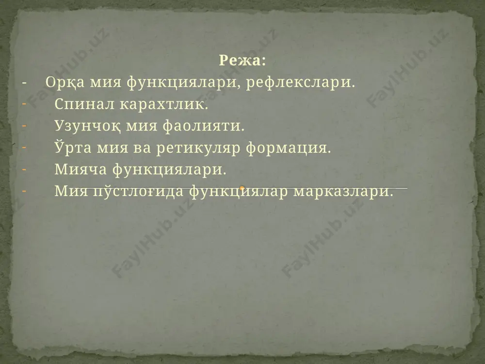 ребраль (8) ва пастга йўналган (тушувчи) цереброспиналь (8) орқа мия сегментар тамойили асосида рефлектор реакцияларни амалга оширади. моносинаптик ва полисинаптик орқа мия рефлекслари бош миядаги марказларнинг енгиллаштирувчи таъсири остида бўлади. образец текста второй уровень третий уровень четвертый уровень пятый уровень орқа мия жарохатида, кесилганида спиналь фалажлик (шок) синдроми кузатилади. бунда орқа миянинг жарохатдан пастда жойлашган рефлекслари сўнади. улар 4-6 хафтадан сўнг тикланади (қисман). бу ходиса бош миядан реншоу хужайраларига тормозловчи таъсирнинг йўқолиши билан боғлиқ. ортқи мия (узунчоқ мия, кўприк) орқа мияга давоми бўлиб, унда бош миянинг 8 жуфт нервлари (v-xii) марказлари жойлашган. ортқи миянинг сегмент усти (автоматик) ва сегментар (рефлектор) структураларига тегишли функциялари мавжуд. автоматик марказ функциялари нафас, овқат хазм қилиш ва томир-харакат марказлари фаолиятида намоён бўлади. образец текста второй уровень третий уровень четвертый уровень пятый уровень ортқи мия ядролари статик и статокинетик рефлекслар хосил бўлишида иштирок этади статик рефлекслар: холат ва тикланиш рефлекслари статокинетик рефлекслар:нистагм, лифт рефлекслари образец текста …