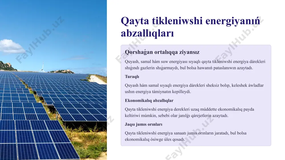 atap ótedi. 7 atom elektr stanciyalarınıń qáwip-qáterleri radiyaciya qáwpi atom elektr stanciyalarında radioaktiv zatlar qollanıladı, bul bolsa avariyalar yamasa nasazlıqlar júz bergende radiaciyaǵa alıp keliwi múmkin. radiyaciya densaulıqqa úlken ziyan keltiriwi múmkin.. jarılıw qáwpi atom elektr stanciyalarında júz beretuģın jarılıwlar radioaktiv zatlardıń qorshagan ortalıqqa tarqalıwına alıp keliwi múmkin. bunday hádiyseler awır aqıbetlerge alıp keliwi múmkin. radioaktiv shıǵındılar atom elektr stanciyaları uzaq waqit dawamında qáwipli bolıp qalatuģın radioaktiv shıǵındılardı payda etedi. olardı qáwipsiz tárizde saqlaw áhmietli másele. 8 gidroekstanciyalar hám ekologiya suw aģımın ózgertiw gidroekstanciyalar suw aģımın ózgertedi, bul bolsa dáryalardıń aģım tezligin hám suw dárejesin ózgertedi. bul bolsa dárya ekosisteması hám suw haywanları turmısın buzıwı múmkin. suw saqlaǵısh qurıw gidroekstanciyalar ushin suw saqlaģishlar qurılıwı nátiyjesinde qurgaqlar suw astında qalıwı, ósimlik hám haywanlar ómiri joģalıwı múmkin. toǵanlar toganlar dáryalardıń aģıs tezligin páseytedi, bul bolsa suw aģısın ózgertedi hám tómenge aģıp atırgan suw ósimlik hám haywanlar tirishiligine unamsız tásir kórsetedi. 9 elektr …
