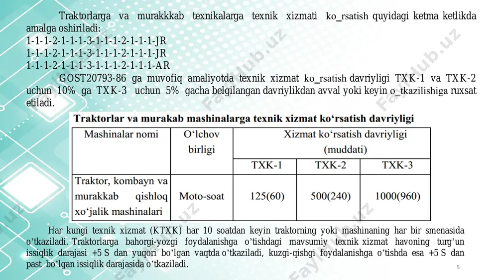 slik kabi tadbirlardan iborat bo’ladi. 11 12 13 texnik servisni rivojlantirish istiqbollari texnik xizmat ko’rsatishning quyidagi uchta strategiya keng tarqalgan: - xizmat ko’rsatish tadbirlari nosozlik yuzaga kelgandan so’ng uning oqibatini yo’qotish uchun amalga oshiriladi; - xizmat ko’rsatish tadbirlari bajarilgan mexanizatsiyalashgan ishlarning miqdori yoki yoqilg’i sarfiga asoslanib qatiyan belgilangan grafik (reglament) bo’yicha amalga oshiriladi; - xizmat ko’rsatish tadbirlari mashinalarga o’rnatilgan avtodiagnostika tizimi va davriy tashxis asosida amaldagi texnik holatiga muvofiq amalga oshiriladi. birinchi strategiya asosan oddiy va kichik (mini) texnikalarda qo’llaniladi. bunda texnikalarda nosozliklar vujudga kelgandan keyin texnik xizmat ko’rsatish tadbirlari bajariladi. bu strategiyani ikkinchisi mustaqil davlatlar hamkorligi (mdh) davlatlarida keng qo’llaniladi. uning asosiy mazmuni gost-20793-86 da keltirilgan. uchinchisi ko’proq istiqbolli bo’lib, mashinalarda murakkab elektron jihozlari o’rnatilishi va texnik servis o’tkazishda elektron -mexanik tashxis anjomlarining qo’llanishi va yuqori malakaga ega bo’lgan kadrlar tayyorlashni taqqoza etadi. 14 respublikamizda g’alla kombaynlari, paxta terish mashinalari, haydov traktorlari bilan ta‘minlanish darajasi yuqori bo’lmagan hozirgi davrda, …