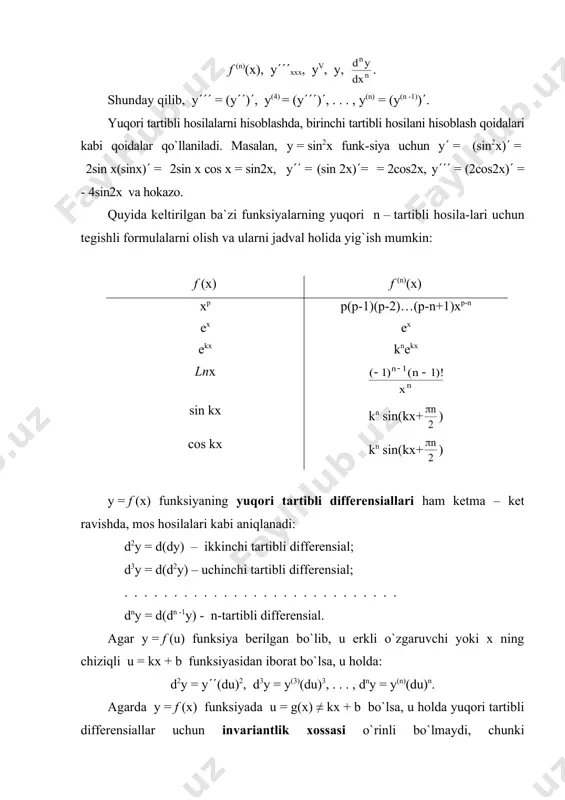 ervalda differensiallanuvchi bo`lib, f (a) = f (b) tenglik o`rinli bo`lsa, u holda (a; b) intervalga tegishli hech bo`l-maganda bitta shunday bir s nuqta topiladiki, f ((c) = 0 bo`ladi. teoremani geometrik izohlaydigan bo`lsak, teorema shartlari bajarilganda, y = f (x) funksiya grafigi ab yoyga tegishli hech bo`lmagan-da bitta (1-rasmda ikkita d va e) nuqta topiladiki, chiziqning shu nuq-tasiga o`tkazilgan urinma 0x abssissalar o`qiga parallel bo`ladi. teo-remaning har bir sharti ahamiyatlidir, chunki ulardan biri bajarilmasa, (a; b) intervalda f ((c) = 0 tenglikni qanoatlantiruvchi s nuqta topilmasli-gi mumkin. masalan, 2-rasmda grafigi keltirilgan funksiya uchun uzluk-sizlik sharti bajarilmagan, a1 nuqta uning uzilish nuqtasi. 3-rasmda tasvirlangan funksiya uchun esa uning differensiallanuv-chanlik sharti bajarilmagan, a2 nuqtada funksiya hosilaga ega emas. egri chiziqlarga tegishli va (a; b) interval doirasida urinmalari 0x o`qiga pa-rallel bo`ladigan biror-bir nuqta mavjud emas. lagranj teoremasi: y = f (x) funksiya [a; b] kesmada aniqlangan va uzluksiz bo`lib, (a; b) …