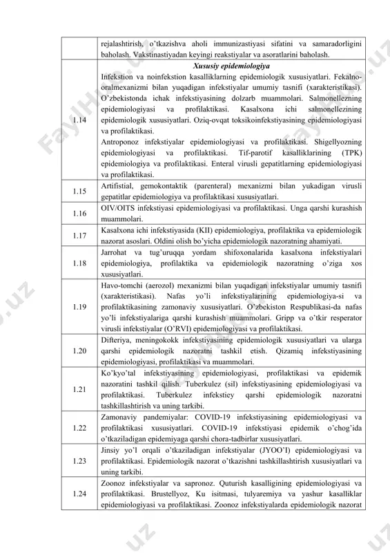 ashxisiy) sinamalarning samaradorligi va xavfsizligini baholash. birlamchi, ikkilamchi va uchlamchi profilaktika. profilaktika va skrining. 1.9 profilaktik va epidemiyaga qarshi chora-tadbirlarning sifati va samaradorligini baholash. dezinfekstiya ishini tashkillashtirish asosi. yuqumli kasalliklar profilaktikasida dezinfekstiyaning ahamiyati. emlash ishlarini tashkillashtirish bosqichlari. immunoprofilaktikaning samaradorligini baholash. 1.10 epidemiyaga qarshi ishlarni tashkil etish, epidemiyaga qarshi tizimning tashkiliy tuzilmasi va tarkibiy bo’linmalar faoliyatining funkstional yo’nalishlari. epidemiologik nazorat. epidemiologik nazoratni tashkil etish asoslari. sanitariya-epidemiologiya xizmati aholini epidemiyaga qarshi himoya qilish tizimidagi etakchi tarkibiy qismi. 1.11 aholi yashash xududlarida yuqumli kasalliklar tarqalishining retrospektiv epidemiologik tahlili - analizini (rea) o’tkazishni tashkil etish asoslari. kasallikning guruhlari, nozologik shakillari bo’yicha aholining kasallanish darajasi va tarkibini tahlil qilish asosida profilaktik muammolarni bahrolash. 1.12 operativ epidemiologik tahlil doirasida yuqumli kasalliklar epidemik o’choqlarini epidemiologik tekshirish. sanitariya-epidemiologiya xizmati epidemiologiya bo’limi profilaktik ishlarining muammoli-tematik rejasi va boshqa turlari. epidemiyaga qarshi ishlarning sifati va samaradorligini baholash. 1.13 epidemiyaga qarshi chora-tadbirlar tarkibi. dezinfekstiya ishi faoliyatini tashkillashtirish va tarkibiy qismlari. dezinfekstiya …