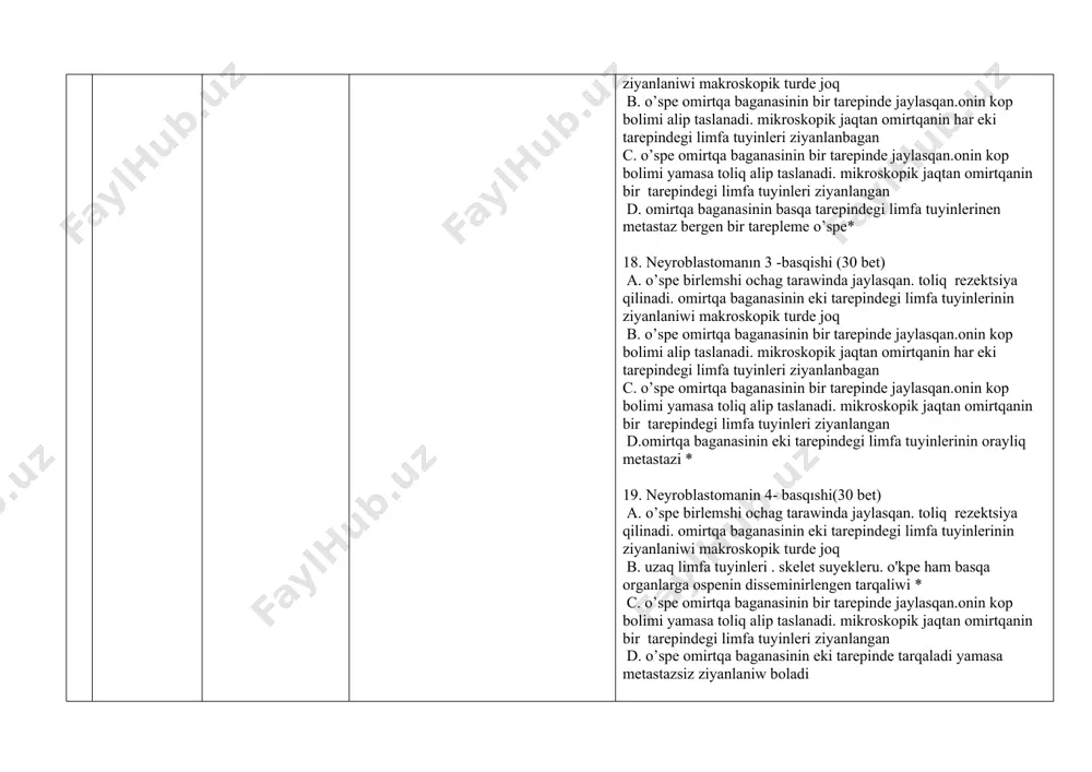 osiwi menen sidik shigariliwi akti defektine alip keledi c. tosattan ko'kirek quwisligi rentgenografiyasi waqtinda aniqlanadi; tuyinnin joqari jaylasiwi menen gorner sindromi aniqlaniwi mumkin. d. ayaqlarda ham shanaq agzalarinda paralich 22. kishi shanaqdın’ neyroblastomasinin’ klinik ko'rinisi (31str) a. qarin aldingi diywali arqali balent pas . qozgalmaytugin o’spe b. osiwi menen sidik shigariliwi ha’m akti defekti buziliwina alip keledi * c. tosattan ko'kirek quwisligi rentgenografiyasi waqtinda aniqlanadi; tuyinnin joqari jaylasiwi menen gorner sindromi aniqlaniwi mumkin. d. ayaqlarda ham shanaq agzalarinda paralich 23. koks araligi neyroblastomasinin klınık ko'rinisi qaysi (31str) a. qarin aldingi diywali arqali balent pas . qozgalmaytugin o’spe b. osiwi menen sidik shigariliwi akti defektine alip keledi c. tosattan ko'kirek quwisligi rentgenografiyasi waqtinda aniqlanadi; tuyinnin joqari jaylasiwi menen gorner sindromi aniqlaniwi mumkin* d. ayaqlarda ham shanaq agzalarinda paralich 24. omırtqa kanalinda omirtqa araliq tesik arqali jaylasqan neyroblastomanin klinik ko'rinisi. (31 sahifa. a. qarin aldingi diywali arqali balent pas . qozgalmaytugin o’spe …