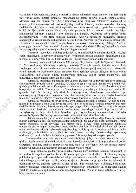 ri – shaxs madaniyati va ijtimoiy madaniyat tushunchasi ishlatiladi. unisi ham bunisi ham madaniyatning ko‘p jihatlarini o‘z ichiga oladi. ulardan eng muhimlari: axloqiy madaniyat, diniy madaniyat, ilmiy – falsafiy madaniyat, siyosiy madaniyat, huquqiy madaniyat, iqtisodiy madaniyat, ekologik madaniyat, estetik madaniyat, turmush madaniyati, mehnat madaniyati, jismoniy madanyat, ovqatlanish madaniyati. madaniyatning ana shu jihatlari asosida inson va jamiyatning ma’naviy, ijtimoiy –siyosiy va boshqa rivojlanish darajasini aniq baholash mumkin. madaniyat funksiyalari. ijtimoiy hodisa sifatida madaniyat ko‘p sonli funksiyalarni bajaradi va jamiyat rivojlanishida muhim rol o‘ynaydi. madaniyatning asosiy funksiyalariga: · ma’rifiy, ya’ni bilish (evristik) funksiyasi. inson ruhining har xil ijodiy yutuqlarida ob’ektiv voqelikni aks ettirish. madaniyat inson dunyosini o‘zlashtirishning alohida uslubi bo‘lib, unda uning har xil shakllari (din, falsafa, fan, huquq, san’at va boshqalar) insoniyat tajribalarini tizimlashtirish va dunyoni tushunishning (ratsional, sezgi, irratsional, an’anaviy) vositalari hisoblanadi. · axborot (informativ) funksiyasi. yangi avlodlarni ijtimoiylashtirish va to‘plangan tarixiy tajribalarni yetkazish. boshqacha aytganda, madaniyat insoniyat barcha yutuqlarining …