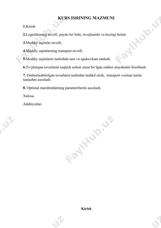 a xizmatlarini ko‘rsatuvchi universal logistika markazlari faoliyat ko‘rsatayotganiga oid misollar yo‘q. buning sabablaridan biri o‘zbekistonda savdo va transport logistikasini rivojlantirish strategiyasining mavjud emasligidir. t/r yuk jo‘natish omborlari moddiy oqimlar tarkibi yukning sinfi yuk tashish hajmi, t. 1 1-omborxona 2 2-omborxona 3 3-omborxona o‘zbekiston hukumati respublika hududidan o‘tuvchi xalqaro yo‘laklarni rivojlantirish, transport yo‘nalishlarini yangilash, shuningdek, o‘zbekistonning transport infratuzilmasini takomillashtirishga katta ahamiyat bermoqda. xalqaro yuk tashish hajmini oshirish, respublika hududi orqali tranzit yuk tashishni jalb qilish masalalarini kompleks hal etish uchun bugungi kunda transport-logistika kompaniyalari tomonidan ko‘rsatilayotgan xizmatlar sifatini oshirish bo‘yicha faol ishlarni boshlash zarur. respublikaning. shu munosabat bilan o‘zbekiston korxonalarida xalqaro standartlarga javob beradigan sifat menejmenti tizimlarini joriy etish respublika iqtisodiyotini rivojlantirishning ustuvor yo‘nalishlaridan biri bo‘ldi. hozirgi vaqtda iso 9001:2008 sertifikatiga ega boʻlmagan milliy transport-logistika kompaniyalari transport-logistika xizmatlarini yetkazib beruvchi sifatida xorijiy kompaniyalarga nisbatan raqobatbardosh boʻlib qolmoqda. xalqaro transport va logistika xizmatlari bozorida raqobat kuchayib borayotganini hisobga olgan holda, yuklarni xalqaro …