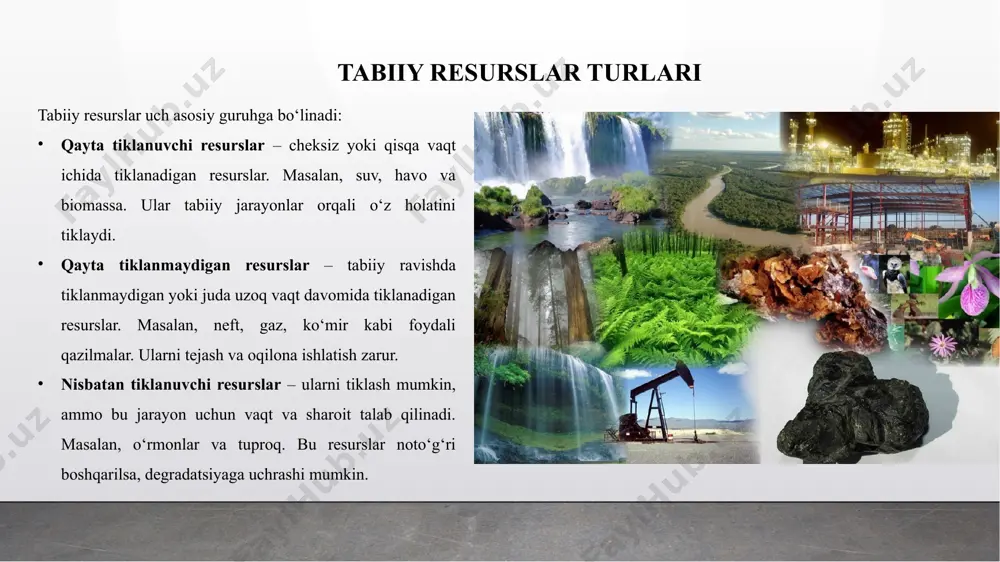 kabi muhim ekologik konvensiyalarni ratifikatsiya qilgan bo‘lib, bu orqali iqlim o‘zgarishlariga qarshi kurashish va barqaror rivojlanishni qo‘llab-quvvatlashga qat’iy intilmoqda. samarali yondoshuvlar – 1: integratsiyalashgan boshqaruv samarali tabiiy resurslar boshqaruvida eng muhim yondoshuvlardan biri integratsiyalashgan boshqaruv hisoblanadi. bu yondoshuv barcha manfaatdor tomonlarning faol ishtirokini ta’minlashga qaratilgan bo‘lib, davlat tashkilotlari, xususiy sektor, ilmiy muassasalar, mahalliy jamoalar va fuqarolik jamiyatini birlashtiradi. resurslardan foydalanish bo‘yicha qarorlar keng qamrovli va hamkorlik asosida qabul qilinadi. integratsiyalashgan boshqaruv tabiiy resurslarning o‘zaro bog‘liqligini inobatga oladi — masalan, suv va yer resurslari, o‘rmon va atmosfera o‘rtasidagi ta’sirlar bir tizim sifatida ko‘rib chiqiladi. bundan tashqari, hududiy va sohalararo integratsiya tamoyillari boshqaruvning samaradorligini oshiradi, chunki bu usul resurslarni hududiy chegaralar, sohalararo faoliyat va ijtimoiy-iqtisodiy ehtiyojlarni uyg‘unlashtirishga yordam beradi. natijada, resurslardan barqaror foydalanish va ekologik muvozanatni saqlashga erishiladi. samarali yondoshuvlar – 2: raqamli texnologiyalar raqamli texnologiyalar tabiiy resurslarni boshqarishda samaradorlikni oshirish uchun muhim vositadir. gis (geografik axborot tizimlari) va masofaviy zondlash yordamida …