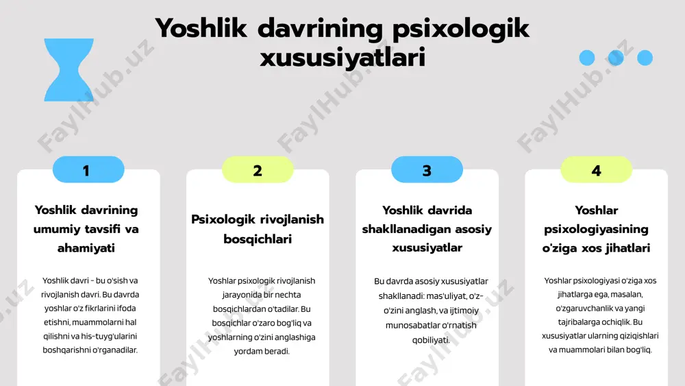 uammolarni boshdan kechirishadi. stress va o'zini past baholash kabi holatlar yuzaga kelishi mumkin. 3 muammolar va yechimlar yoshlik davridagi psixologik muammolarni aniqlash va ularga yechim topish yoshlarning farovonligini ta'minlaydi. psixologik yordam va qo'llab-quvvatlash muhimdir. 4 kelajakni belgilash shaxsiy va ijtimoiy rivojlanish jarayonlari yoshlarning keyingi hayotida muhim rol o'ynaydi. to'g'ri yo'lni tanlash kelajakdagi muvaffaqiyatlarni belgilaydi. foydalanilgan adabiyotlar 1. azizov, a. m. yoshlik davrining psixologik xususiyatlari. psixologiya va rivojlanish, 2021 2. karimova, d. s. shaxsiy rivojlanish jarayonlari. o'zbekistonda ta'lim va psixologiya, 2020 3. tashkent, s. s. yoshlik davridagi psixologik muammolar va ularning yechimlari. yoshlar va psixologiya, 2019 4. normurodov, b. ijtimoiy rivojlanish jarayonlari. o'zbekiston ijtimoiy fanlar jurnali, 2022 5. murodova, t. a. yoshlar emotsional o'zgarishlari: sabablar va yechimlar. psixologik tadqiqotlar, 2023 e'tiboringiz uchun rahmat! image1.png image2.png image3.png image15.jpg image10.png image4.png image5.png image6.png image7.png image8.png image9.png image12.png image13.png image14.png