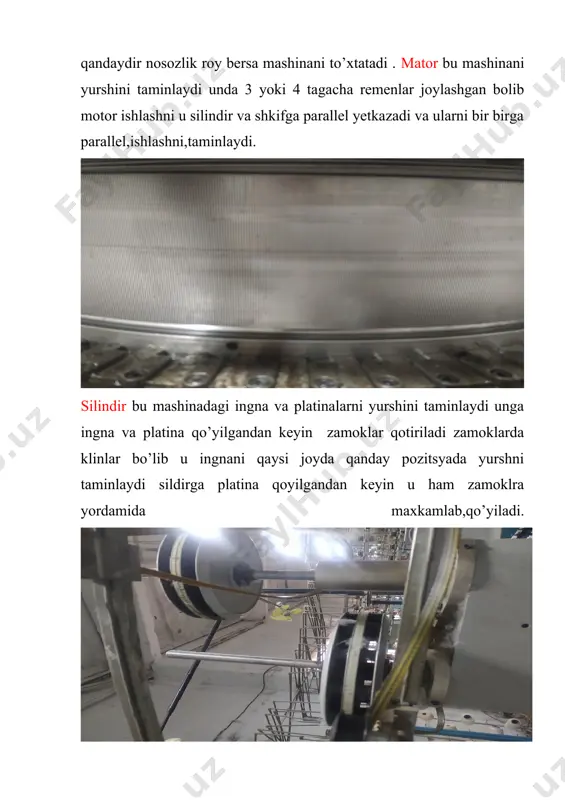 iratsyasi tomonda dachiklar yordamida tortishni pasaytirsak ham toqima qalinlashadi aksincha,bolsa,toqima,parashlashadi. zamoklar bu ingna va platinani ushlab turush uchun ishlatiladi zamoklarni ichki qismida klinlar bolib bu kilinlar yordamida toqima turlari ozgartiriladi kilinlarni yolidan platina va imgnalar harakatlanib to’qima,hosil,qiladi. nachali uzatmalar bu sterjindagi iplarni mashinaning kontaklariga yetkazib berishni taminlaydi sterjilarni vazifasi babinadagi iplarni saqlashni,taminlaydi. paraklar bu mshinani loslardan tozalaydi paxta ipida loslar kop bo’lgani uchun losni mashinaga kelshini nisbatan kamaytiradi agar loslar kop kelsa mashinadagi ingna va pilatinalarni sinishiga olib keladi vax om ashyoda nuqson kopayshga olib keladi. xom ashyodagi nuqsonlrni tushishi va ularni bartarab qilish usulari. agar mashinaga sifati past ip kelsa unda nisbatan loslar kop chiqadi va bu loslarning kopligi tufayli ingna sinshi pilatina sinshi yoki ularni uchni shikaslashishga olib keladi shuning uchun ilojo boricha sifatli iplardan foydalangan yaxshi . agar ipda aytaknimizda loslar kop bo’lsa mtoda teshikar kelib chiqshga ham olib keladi ayniqsa bu holat bir qavatli trikotaj maxsulotlarida …