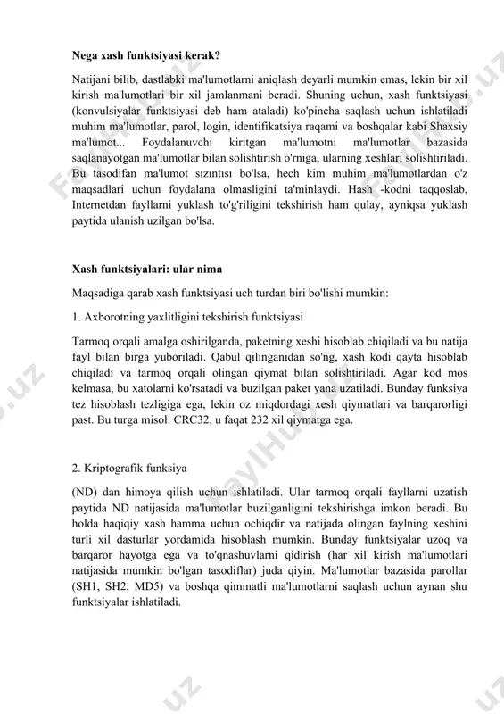 umotlar, ma'lumotlarni o'chiring va kerakli ma'lumotlarni juda yuqori tezlikda qidiring. (ba'zan xesh) - ixtiyoriy uzunlikdagi kirish ma'lumotlari qatorini belgilangan uzunlikdagi chiqish bitli qatoriga aylantirish. bunday o'zgartirishlar xash funktsiyalari yoki katlama funktsiyalari deb ham ataladi va ularning natijalari xash, xesh -kod yoki xabarlar hazm qilish deyiladi. ma'lumotlarni taqqoslash uchun xashing ishlatiladi: agar ikkita massivda turli xil xesh kodlari bo'lsa, massivlar boshqacha bo'lishi kafolatlanadi; agar ular bir xil bo'lsa, massivlar bir xil bo'lishi mumkin. umumiy holda, xash funktsiyalarining qiymatlari soni kirish massivining variantlari sonidan kam bo'lganligi sababli, boshlang'ich ma'lumotlar va xash kod o'rtasida birma-bir yozishmalar yo'q; bir xil xash kodlarini beradigan ko'plab massivlar mavjud - to'qnashuvlar. to'qnashuv ehtimoli xash funktsiyalari sifatini baholashda muhim rol o'ynaydi. turli xil xususiyatlarga ega bo'lgan ko'p xesh algoritmlari mavjud (bit chuqurligi, hisoblash murakkabligi, kriptografik kuch va boshqalar). muayyan xesh funktsiyasini tanlash hal qilinayotgan muammoning o'ziga xos xususiyatlari bilan belgilanadi. hash funktsiyalarining eng oddiy misollari - bu nazorat …