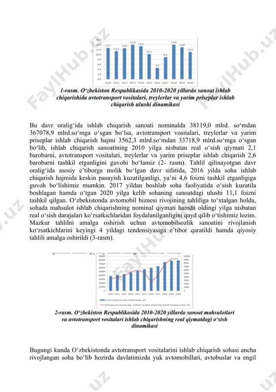 . ckd usulidan tashqari (semi knocked-down), ya’ni yarim demontaj qilingan mashina to‘plamini yig‘ish usulidan foydlanilib kelinmoqda. ushbu usul uzoq vaqtdan beri dunyoning ko‘plab mamlakatlarida, shu jumladan mdh mamlakatlarida qo‘llaniladi. skd usulida avtombillar yig‘ish zavodiga shartli ravishda g‘ildiraksiz, rul va eshiklarsiz yetkazib beriladi. bevosita o‘zbekistonda avtomobil sanoati rivojining keyingi yillardagi rivojlanish tendensiyalariga to‘xtalib o‘tadigan bo‘lsak, 2010-2020 yillarda sanoatda avtotransport vositalari, treylerlar va yarim priseplar ishlab chiqarish ulushi 10 – 14 foiz atrofida tebranganligiga guvoh bo‘lishimiz mumkin (1- rasm). bu davr oralig‘ida ishlab chiqarish sanoati nominalda 38119,0 mlrd. so‘mdan 367078,9 mlrd.so‘mga o‘sgan bo‘lsa, avtotransport vositalari, treylerlar va yarim priseplar ishlab chiqarish hajmi 3562,3 mlrd.so‘mdan 33718,9 mlrd.so‘mga o‘sgan bo‘lib, ishlab chiqarish sanoatining 2010 yilga nisbatan real o‘sish qiymati 2,1 barobarni, avtotransport vositalari, treylerlar va yarim priseplar ishlab chiqarish 2,6 barobarni tashkil etganligini guvohi bo‘lamiz (2- rasm). tahlil qilinayotgan davr oralig‘ida asosiy e’tiborga molik bo‘lgan davr sifatida, 2016 yilda soha ishlab chiqarish hajmida keskin …