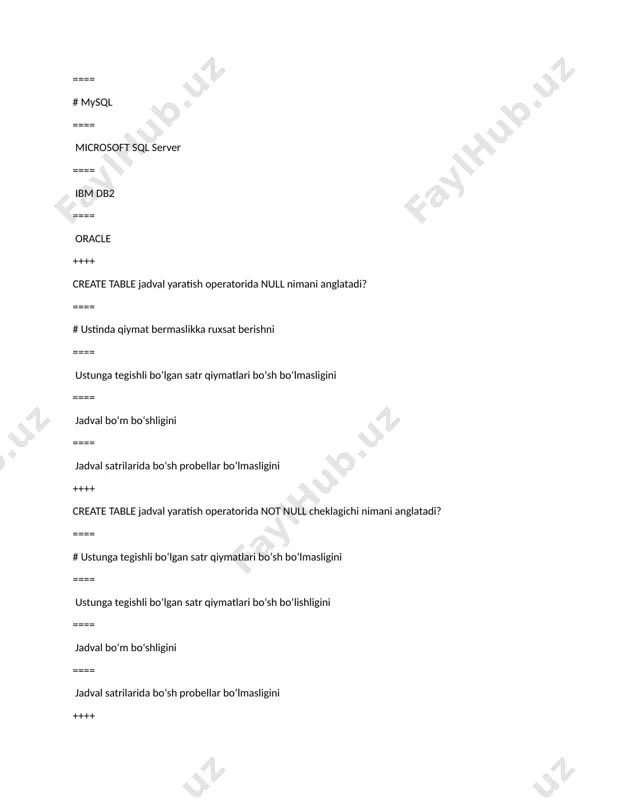 shlamaydi? ==== dml ==== # ddl ==== dql ==== dsl ++++ qaysi operatorda where ishlatib bo‘lmaydi? ==== # insert ==== update ==== select ==== delete ++++ select * from student where surname like ‘p%’; ==== # p bilan boshlanuvchi familyalar chiqadi ==== hech nima chiqmaydi ==== p harfiga teng bo‘lgan familyalar chiqadi. ==== p harfiga teng bo‘lmagan familyalar chiqadi ++++ create table, alter table, drop table komandalarini qaysilarda ishlatib bo‘lmaydi ==== # ddl ==== dml ==== dql ==== dcl ++++ select operatoridan keying * nimani bildiradi? ==== # hamma ustunlarni belgilashni ==== hamma satrlarni belgilash ==== satr qatorlari yulduzcha bilan shifrlanganini ==== bu belgidan foydalanib bo‘lmaydi ++++ qaysi operator yordamida «birlashma » amali bajariladi ==== # select + join ==== select + where ==== select + group by ==== select + order by ++++ qaysi operator yordamida «kesishma» amali bajariladi ==== # intersect ==== union ==== devide ==== minus ++++ …
