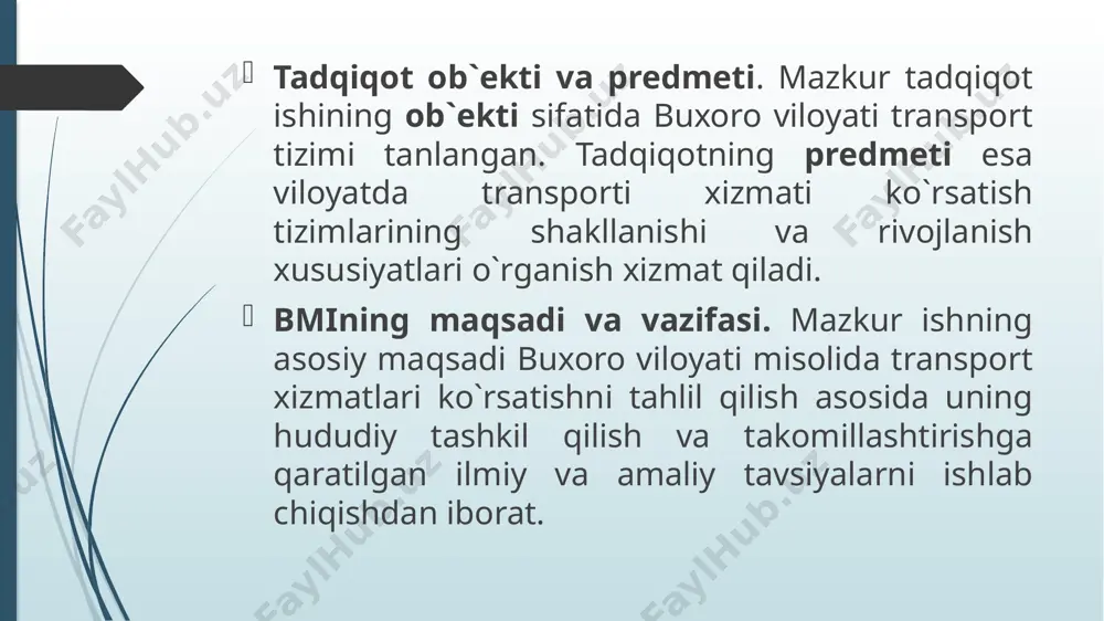 ik biznes bilan bog`liq eng daromadli faoliyat turlaridan biri hisoblanadi. ularning mohiyati shundan iboratki, muayyan yoshga to`lgan istalgan fuqaro avtomobillarni ijaraga berish bilan shug`ullanadigan kompaniyaga murojaat etib, vaqtinchalik foydalanish uchun haydovchi bilan yoki haydovchisiz mashina olishi mumkin. ii bob. o`zbekistonda transport tizimining rivojlanish bosqichlari 2.1. o`zbekiston respublikasi transport tizimini shakllanishi o`zbekiston istiqlol yillarida transport tizimini modernizatsiya qilish hamda yangi xalqaro yo`nalishlarini tashkil qilish bo`yicha keng miqyosdagi ishlar amalga oshirildi. umuman olganda yurtimizda transport sohasini rivojlantirish uchun olib borilgan ishlar mustaqilligimizning dastlabki yillaridayoq, moliyaviy og`ir ahvolga, iqtisodiy qiyinchilikka qaramasdan juda ko`p mablag`lar ajratib bunyod etilgan. o`zbekistonning strategik ahamiyatga ega bo`lgan tranport hamda kommunikatsiya sohasi istiqlol yillarida amalga oshirilgan vatanimizda transport mustaqilligi yaratildi va mamlakatning barcha mintaqalarini o`zaro bog`laydigan yaxlit milliy transport tizimi tashkil topdi. respublikada yaratilgan samarali transport tizimi jahon mamlakatlari orasidagi integrasiyalashuvda hamda tashqi iqtisodiy aloqalarni rivojlanishida asosiy omil sifatida xizmat qilib kelmoqda. 2.2. buxoro viloyati transport tizimini shakllanishi rivojlantinish …