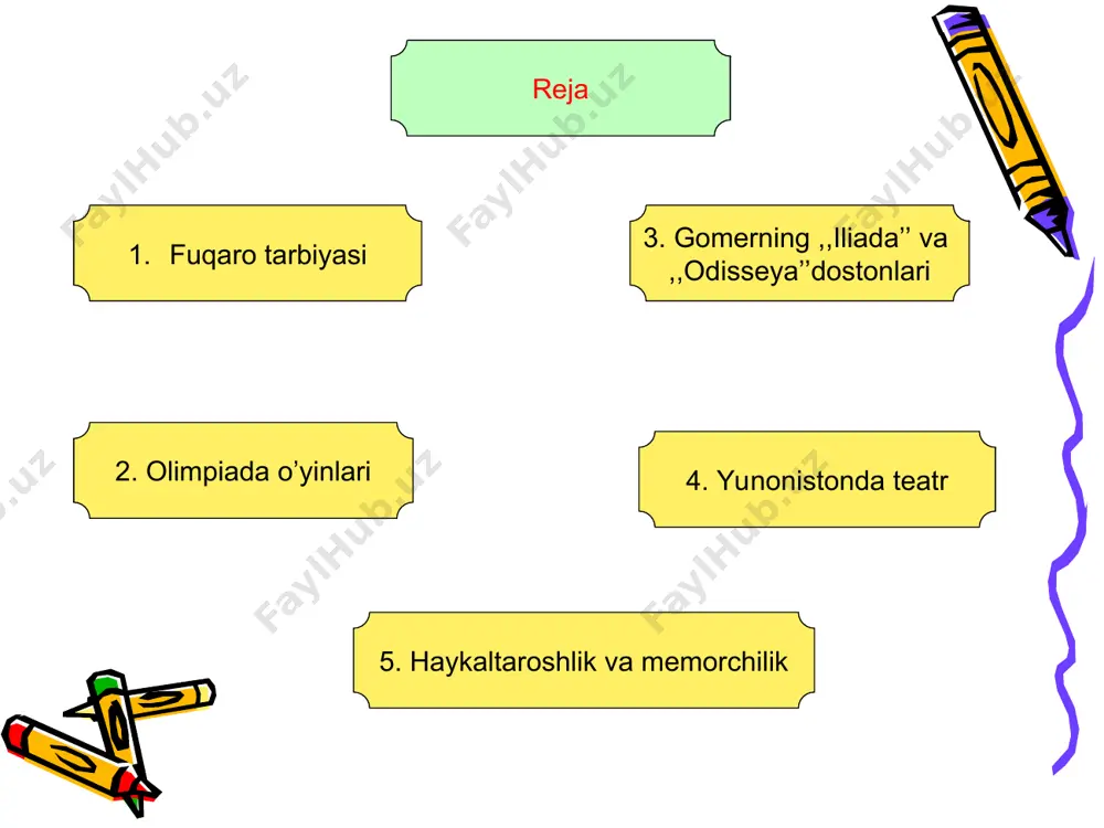 arining bir qismi yashiringan, qo'shinning boshqa bir qismi esa yaqindagi orollardan biriga o'rnashib olgan edi. troyaliklar yunonlar qamal qilishni to'xtatishdi va troya homiysi afina palladaga xush kelishi uchun bizga ot sovg'a qilishdi, degan to'xtamga keldilar va yo'g'och otni shaharga olib kirdilar. kechasi otning ichidan chiqqan jangchilar darvozalarni ochdilar, troya bosib olindi. hozirgi tillarda “troya oti” iborasi xosiyatsiz sovg'a-salom ma'nosini anglatadi. "iliada" dostonining bosh qahramoni axillesdir. o'g'lining mangu barhayot bo'lishini istagan ona chaqalog'ini stiks daryosiga botirib oladi. ayni mahalda axillesning onasi ushlagan tovoniga suv tegmas-dan qoladi. janglardan birida axilles tovoniga tekkan o'qdan halok bo'lgan. o'sha kezlardan beri "axilles tovoni" iborasi nozik joyni anglatadi. qadimgi yunon shoiri gomer "iliada" va "odisseya" poemalari muallifi hisoblanadi. uning hayoti haqida deyarli hech narsa saqlanib qolmagan. afsonalarda yozilishicha u sodir bo'lib yurtma-yurt kezib cholg'u asbobi jo'rligida o'z she'rlarini kuylagan. troya urushi nihoyasiga yetdi, yunonlartroyani taladilar va mo'l-ko'l o'ljalar bilan uyga qaytmoqchi bo'lishdi. ular yegey dengizi orqali …