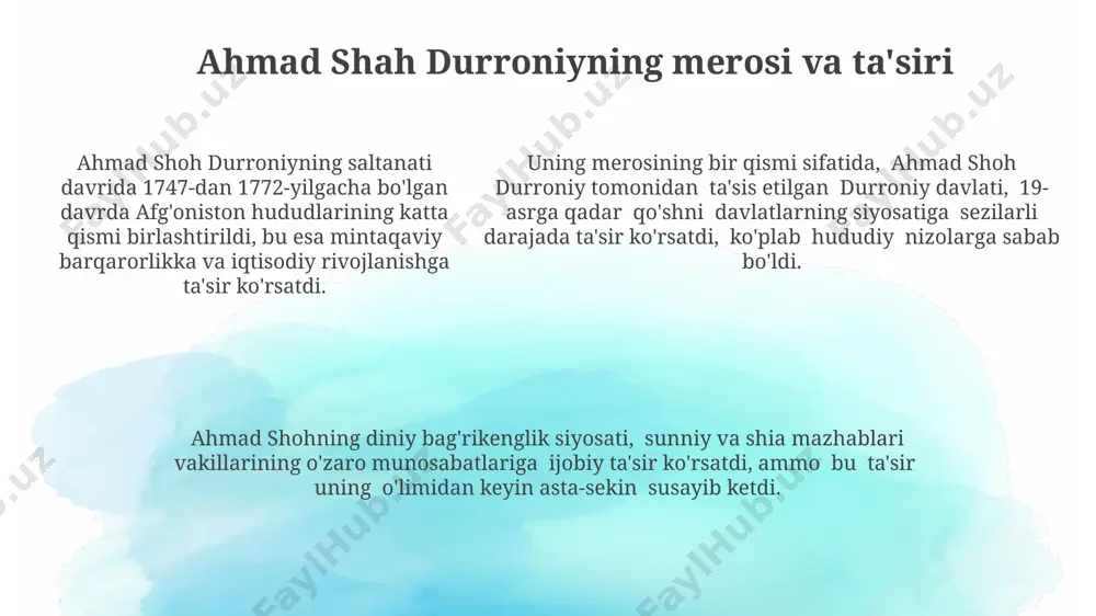 ga qaratilgan islohotlar amalga oshirildi, bu dehqonlarning iqtisodiy ahvolini yaxshilashga qaratilgan edi, ammo bu islohotlarning samaradorligi cheklangan edi. ahmad shah durroniy davrida yer egalarining soliq yukini kamaytirishga qaratilgan islohotlar amalga oshirildi, bu dehqonlarning iqtisodiy ahvolini yaxshilashga qaratilgan edi, ammo bu islohotlarning samaradorligi cheklangan edi. millatlararo munosabatlar ahmad shoh davrida afgʻonistonning 3 ta qoʻshni davlat bilan diplomatik aloqalari oʻrnatilgan boʻlib, ular bilan savdo-sotiq va madaniy almashinuvlar kuzatilgan. ahmad shoh hukmronligi davrida afgʻonistonning 20 dan ortiq xorijiy davlat bilan rasmiy diplomatik munosabatlari mavjud boʻlmagan, bu esa uning izolyatsiyasi haqida dalolat beradi. uning tashqi siyosati mintaqadagi 5 ta yirik kuch bilan ittifoq tuzishga qaratilgan boʻlib, bu ittifoqlar asosan strategik ahamiyatga ega hududlarni nazorat qilishga qaratilgan. chet ellik elchixonalar va diplomatiya afganistonning tashqi siyosati, asosan, qabilaviy rahbarlar bilan muloqot va 19-asrning ikkinchi yarmidagi buyuk o'yin geosiyosiy raqobatiga asoslangan edi. uning diplomatik sa'y-harakatlari, asosan, chet eldan moliyaviy yordam olish va mamlakatning chegaraviy xavfsizligini ta'minlashga qaratilgan …