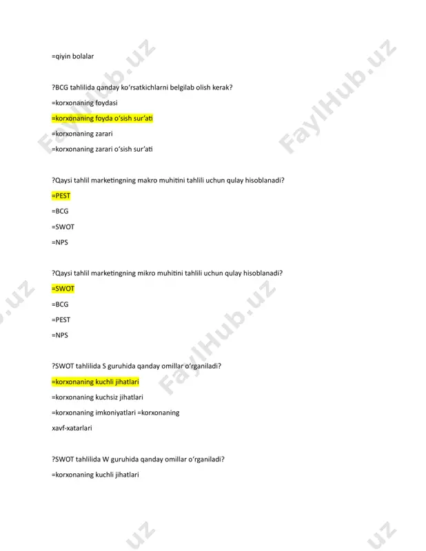 .. =reklama beruvchining maqsadli faoliyati, reklama mavzusining mavjudligi to'g'risida iste'molchilarning bilimlarini xabardor qilish yoki kengaytirish =imidjni shakllantirish va kompaniyaning obro'siga jamiyatning ijobiy munosabatini rivojlantirish bo'yicha turli tadbirlarni o'tkazish =taklif etilayotgan tashrif buyuruvchilar bilan ularni sotish maqsadida suhbatda mahsulot va xizmatlarni og'zaki taqdim etish =muayyan reklama beruvchi tomonidan mahsulot, xizmatlar g'oyalarini ilgari surishning shaxsiy taqdimotining har qanday pullik shakli ?o'zbekiston respublikasining "reklama to'g'risida" gi qonun qaysi yilda qabul qilingan? =1998 yil 25-dekabr =1999 yil 25 oktyabr =1997 yil 25 dekabr =1998 yil 25 oktyabr ?strategiya bu ..... =yakuniy maqsadga erishish uchun kelajakda amal qiladigan harakatlar rejasi =bu biznesni bosqichma-bosqich rivojlantirishning umumiy uzoq muddatli rejasi =bu biznesni bosqichma-bosqich rivojlantirishning umumiy qisqa muddatli rejasi =bu biznesni bosqichma-bosqich rivojlantirishning umumiy o'rta muddatli rejasi ?bcg matritsasi nechta kvadrantga bo'linadi? =4 =5 =3 =2 ?elektron pochta marketingi .... =elektron pochta orqali kompaniya mahsulotlarini reklama qilish =bu usul mahsulotni to'g'ridan-to'g'ri va oxirgi iste'molchi bilan targ'ib qilish =maqsadli …