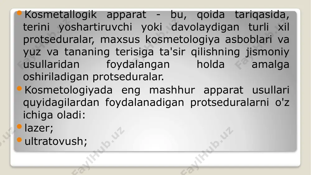 lazer bilan qayta tiklashdan farqli o'laroq) nazarda tutadi, bu epidermisning yuqori qatlamlarini to'liq yoki qisman bug'lanadi va shu bilan terining faol yangilanishi va tiklanishini rag'batlantiradi. bu teshiklarni toraytirishga, terining tuzilishini tekislashga va aknedan keyingi izlarni tekislashga yordam beradi. gaz-suyuq peeling - bu suyuqlik (suv, sho'r eritma yoki vitamin kokteyli) va tibbiy gaz (kislorod va karbonat angidrid aralashmasi) dan iborat maxsus eritma yordamida yuzni tozalash jarayoni. eritma maxsus nozulli qurilma yordamida terining yuzasiga katta tezlikda etkaziladi va terining yaxshilab tozalanishiga, qon oqimining faollashishiga va limfa drenajining ta'siriga yordam beradi. ultrasonik peeling ultratovush to'lqinlari ta'sirida terini yumshoq va atravmatik tozalashni o'z ichiga oladi. to'lqinli tebranishlar terining o'lik zarralarini va yog 'to'planishini olib tashlashga yordam beradi, teshiklarni toraytiradi va o'z kollageningiz sintezini rag'batlantiradi. vakuumli peeling yuz terisini nozik tozalash va teri to'qimalarida qon aylanishini rag'batlantirish uchun mo'ljallangan. jarayonning mohiyati shundaki, vakuum apparati tiqilib qolgan teshiklarni ochadi va ularni iflosliklar va "tiqinlar" (yog 'to'planishi) …