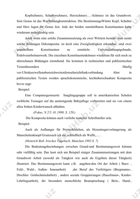 ld-, außen- innenarbeit) ,der beruf des verfeitigers (bergmanns-, drechler- goldschmiedarbeit) , andere soziale gruppierungen (hausfrauen-, kinder- lehrlingsarbeit), die besondere menschliche beanspruchung ( bein-, hand-, gedanken-, geistesarbeit), den arbeitsvorgang oder das gerat, das dazu benotigt wird (bastel-, bohr- , maschinen-, nah-, stepparbeit) , das bearbeitete material ( elfenbeinen –leder-silberarbeit), das aussmass der anstrengung (hunde, mords, herkulesarbeit), die bedeutung oder den zweck des arbeitsergebnisses (diplom, doktor, examensarbeit) und manches andere (z.b. mehr-, mit-, neben-, vor-, weiterarbeit). uch die possessivkompositionen des deutschen gegenwartssprache sind im grunde nicht anderes als determinativkompositionen. mann stellt sie in der regel gesondert dar, weil eine bildung wie dickkopf nicht einen ’’ dicken kopf’’ ( wie dickmilch. ’’dicke milch’’ ) bezeichnet, sondern einen menschen, der einen dicken, d.h. einen stonischen kopf besitz, ebenso langbein ’’mensch’’, der lange beine besitzt, schongeist, milchgesicht. metaphorische komposita werden häufig zur charakterisierung eines menschen geraucht, man vergleiche noch grunschnabel, geizhals, hasenfuss, faulpelz. auch tier- …