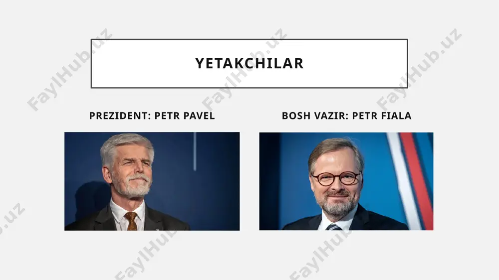 m yillarda 15–17% ga yetdi). asosiy sabablar: energiya narxlarining ko‘tarilishi, global ta’minot zanjiridagi uzilishlar, pandemiya oqibatlari va urushlar. yechimlar: chexiya milliy banki asosiy foiz stavkalarini oshirish orqali inflyatsiyani jilovlash choralarini ko‘rdi. hukumat energiya subsidiyalari, soliq imtiyozlari orqali aholini qo‘llab-quvvatladi. o‘rta muddatli chora sifatida mahalliy energiya manbalarini rivojlantirish va importga bog‘liqlikni kamaytirish rejalashtirilgan. muammo: malakali ishchi kuchi tanqisligi ishlab chiqarish va xizmat ko‘rsatish sohalarida o‘sishni cheklab qo‘ymoqda. aholi qarimoqda, tug‘ilish darajasi past, bu esa uzoq muddatda pensiya tizimiga bosim qiladi. yechimlar: kasb-hunarga yo‘naltirilgan ta’lim tizimini rivojlantirish. migratsiya siyosatini yumshatib, malakali xorijiy ishchilarni jalb qilish. aholini ko‘proq ishlashga undash uchun nafaqa tizimini isloh qilish. 2. ishchi kuchi tanqisligi va demografik muammo 3. davlat budjetidagi defitsit va qarz muammo: pandemiya davrida va undan keyin byudjet xarajatlari oshib, defitsit yuzaga keldi. ijtimoiy xarajatlar (nafaqalar, sog‘liqni saqlash) o‘sib bormoqda. yechimlar: xarajatlarni samarali boshqarish va noefektiv subsidiyalarni qisqartirish. soliq bazasini kengaytirish (masalan, ko‘chmas mulk yoki hashamatli …